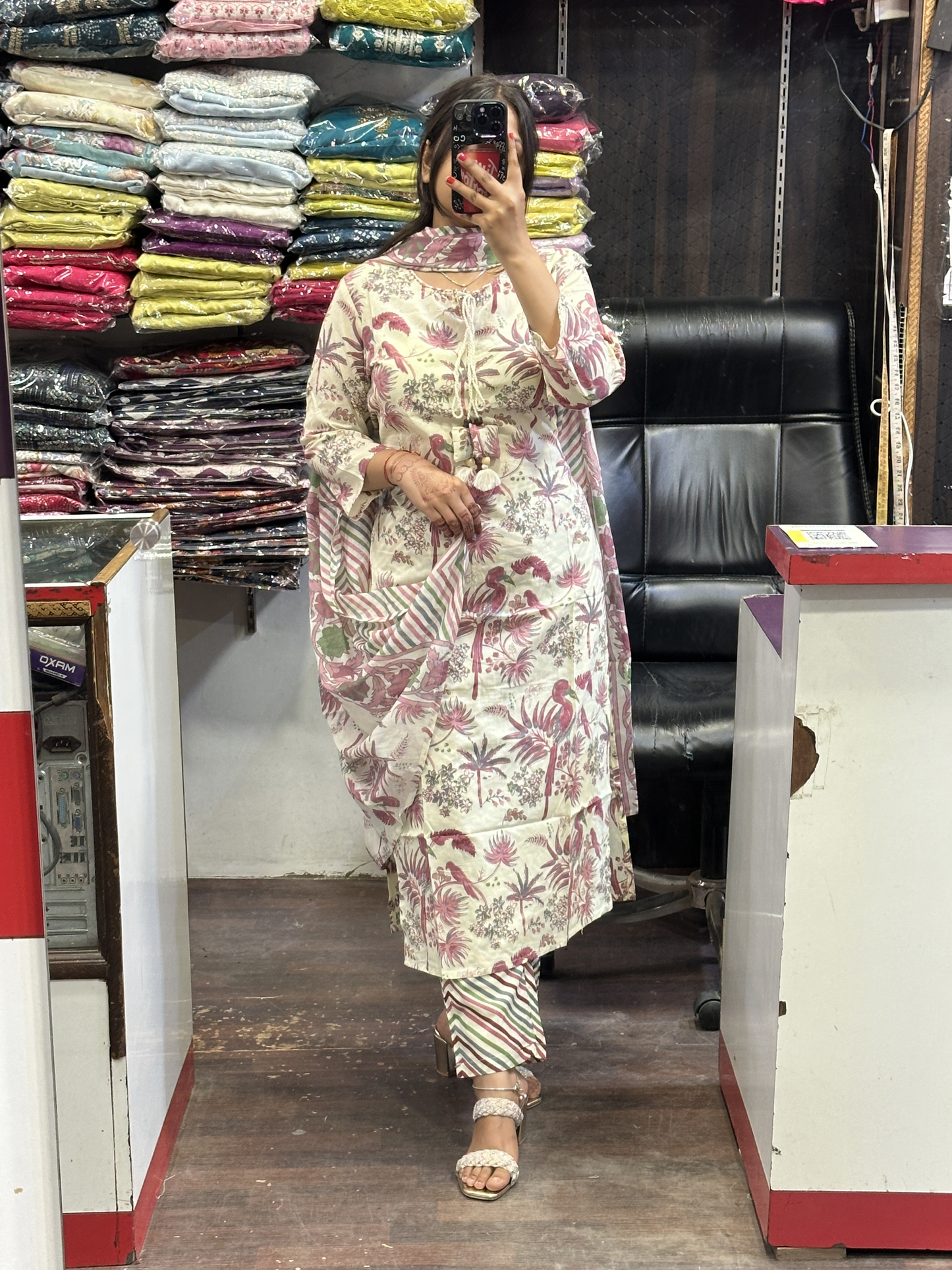 Floral Pure Cotton Neck Embroidered office Wear Suit with Pant and Cotton Dupatta