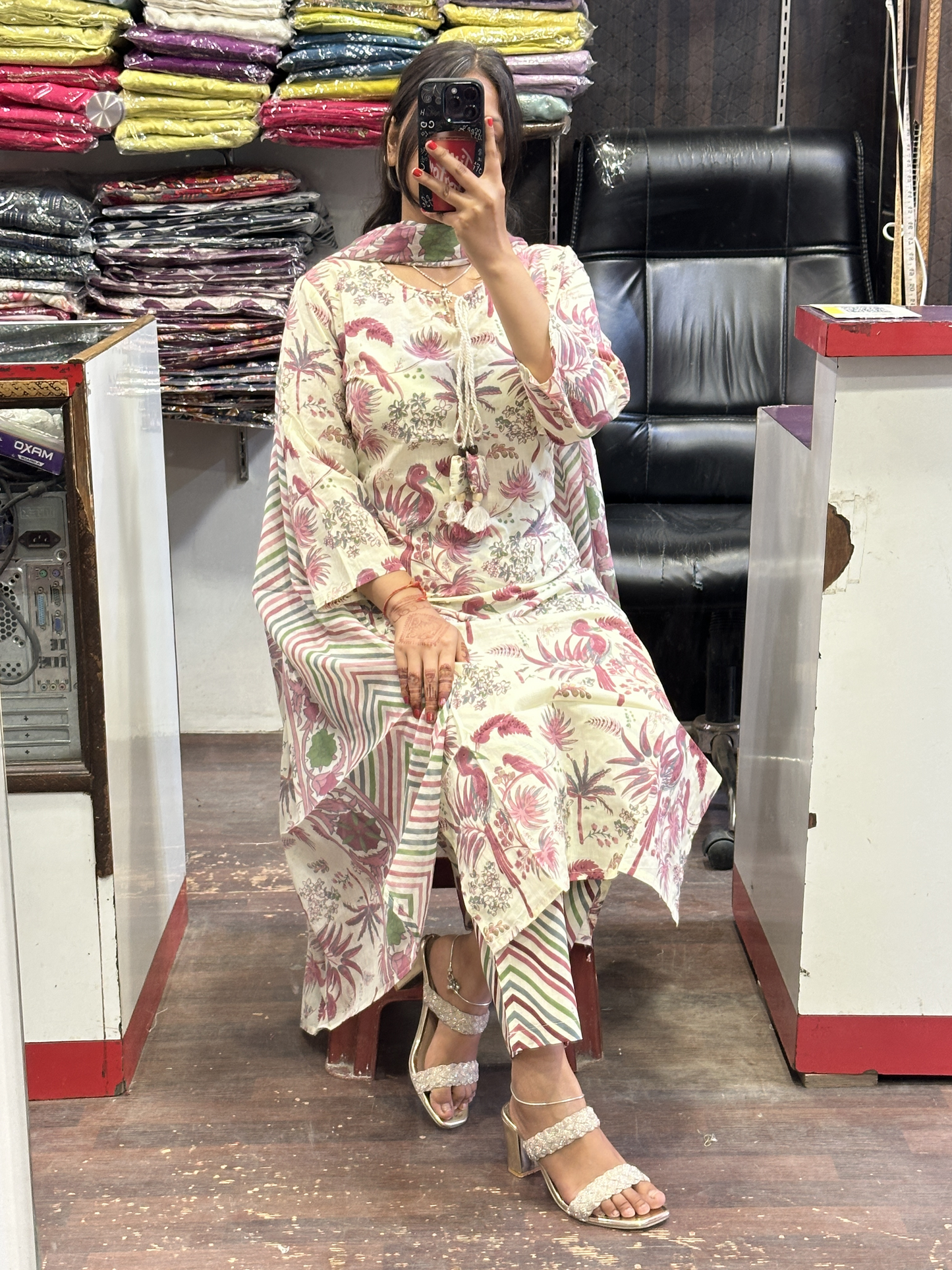 Floral Pure Cotton Neck Embroidered office Wear Suit with Pant and Cotton Dupatta