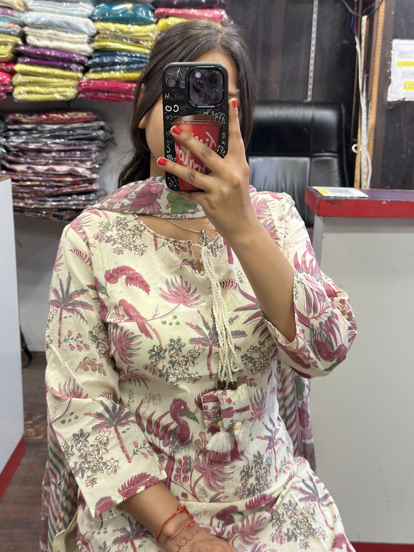 Floral Pure Cotton Neck Embroidered office Wear Suit with Pant and Cotton Dupatta
