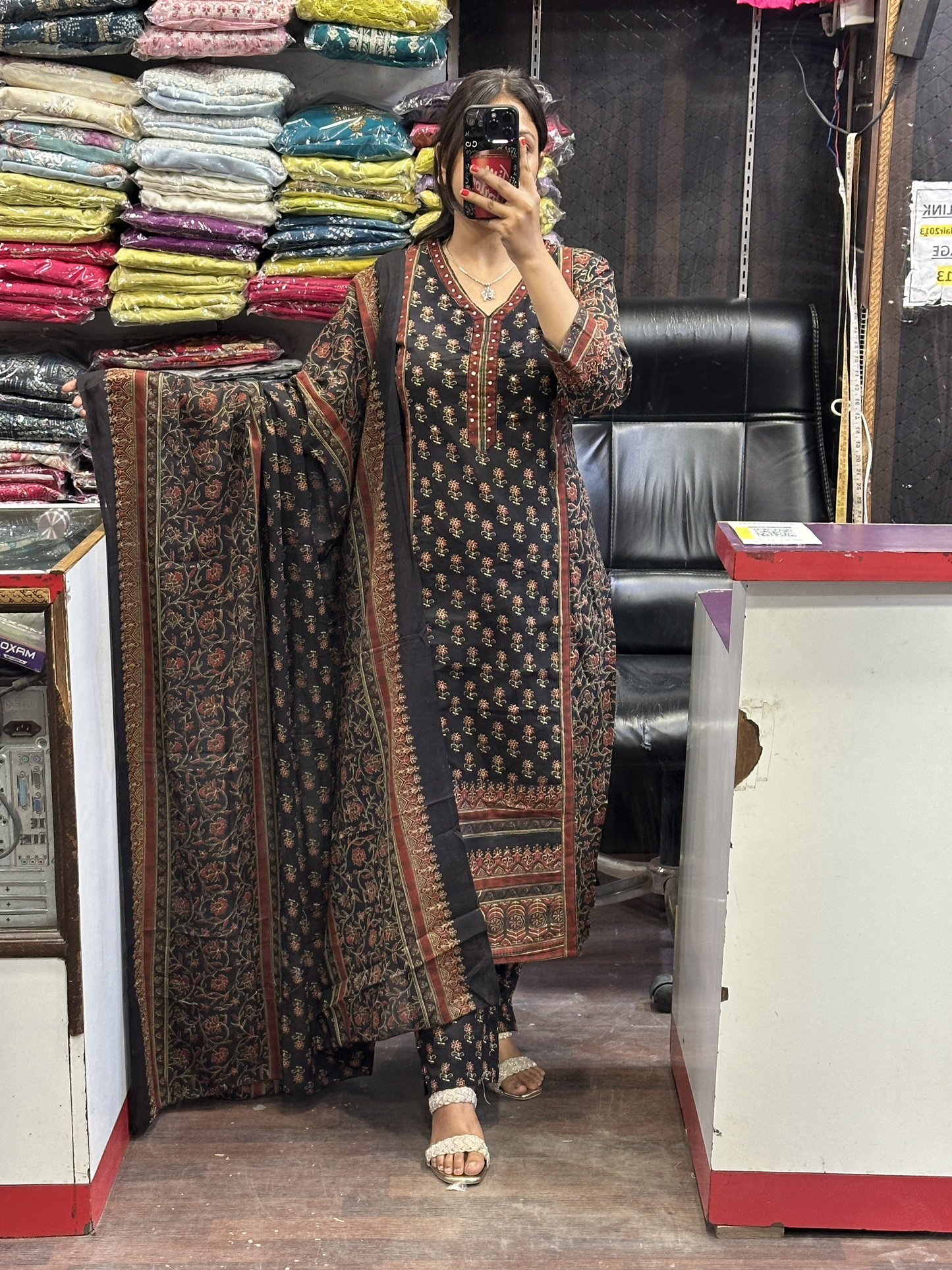 Black Printed Pure Cotton V Neck office Wear Suit with Pant and Cotton Dupatta