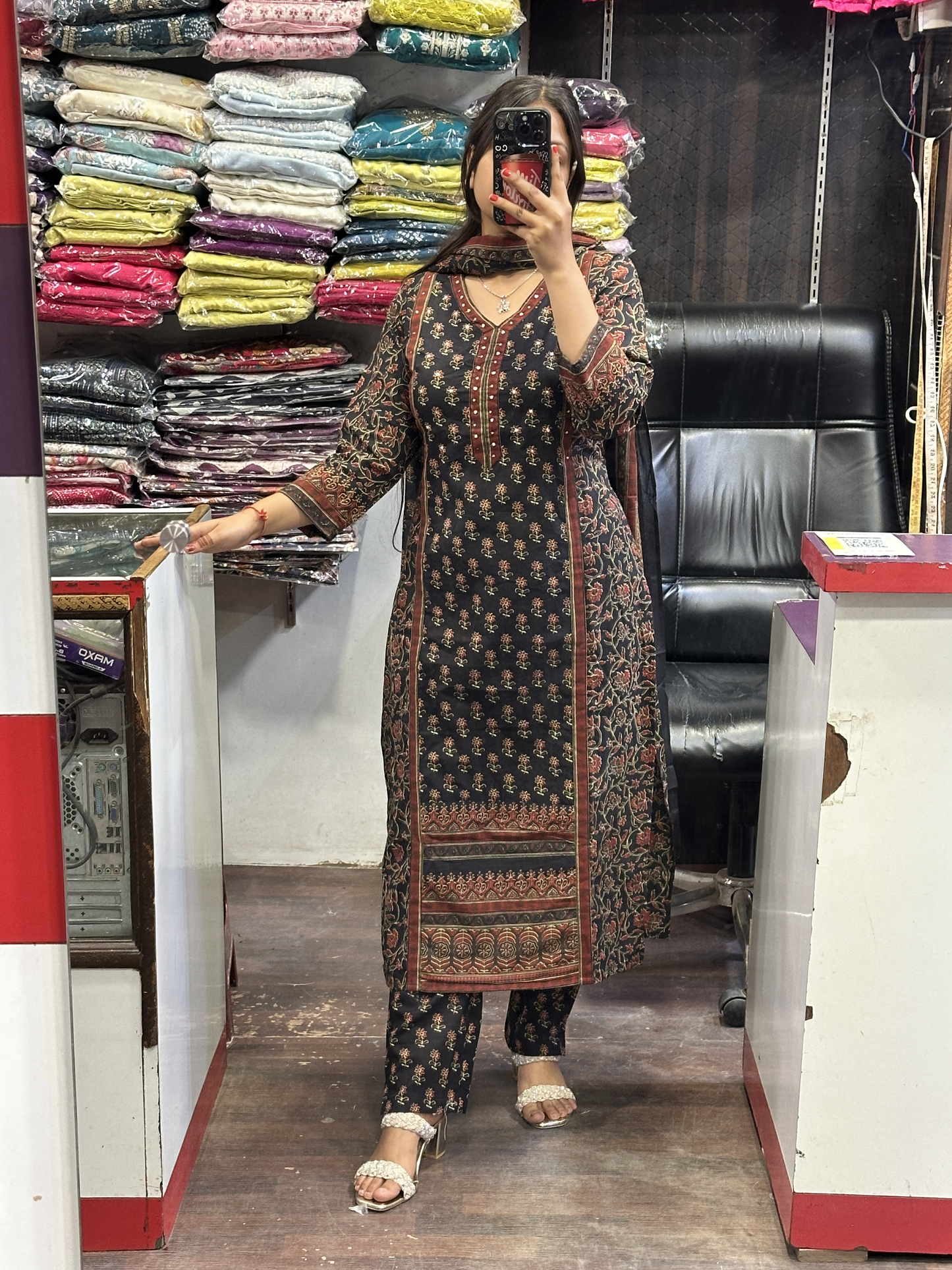 Black Printed Pure Cotton V Neck office Wear Suit with Pant and Cotton Dupatta