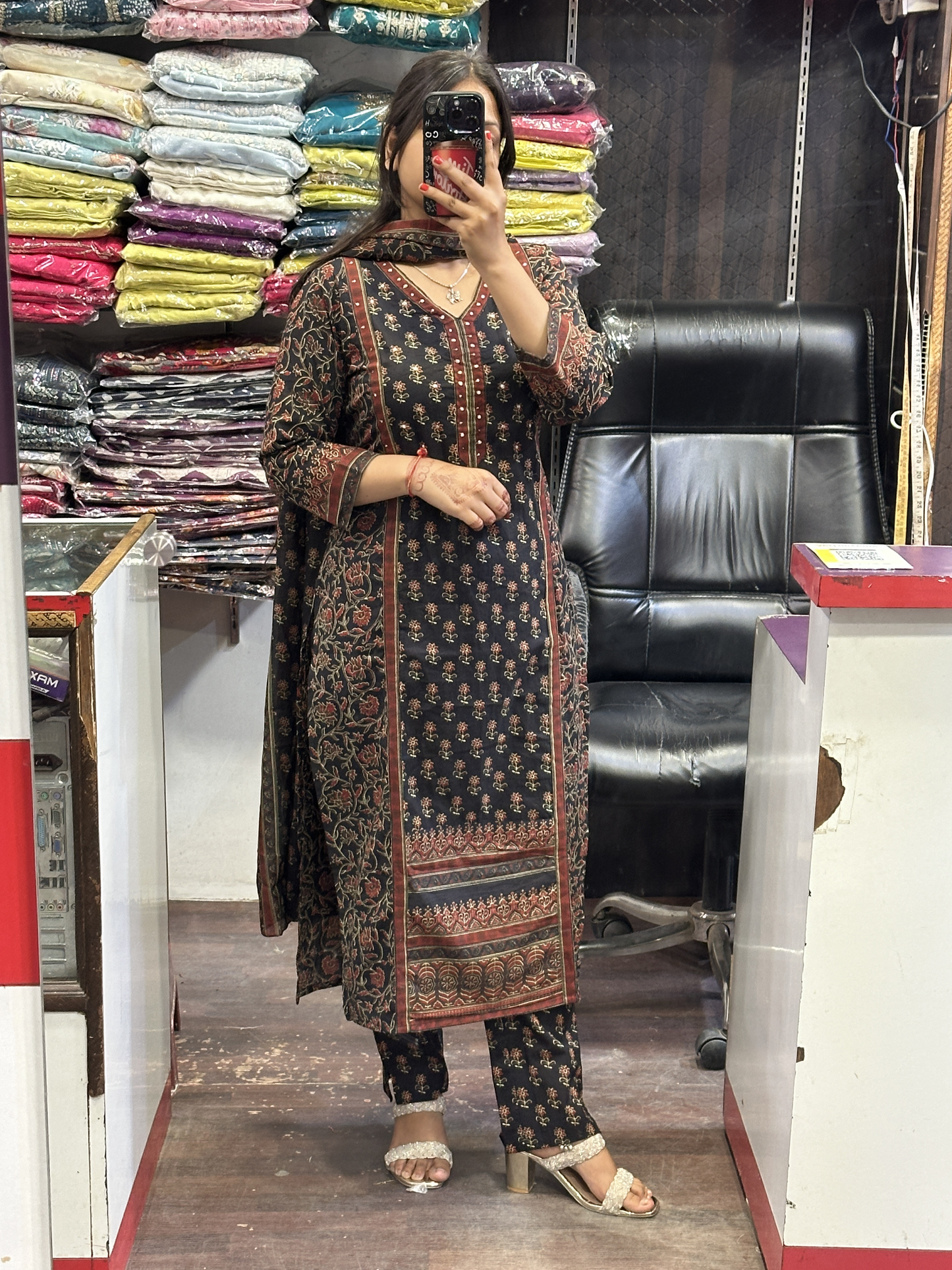 Black Printed Pure Cotton V Neck office Wear Suit with Pant and Cotton Dupatta