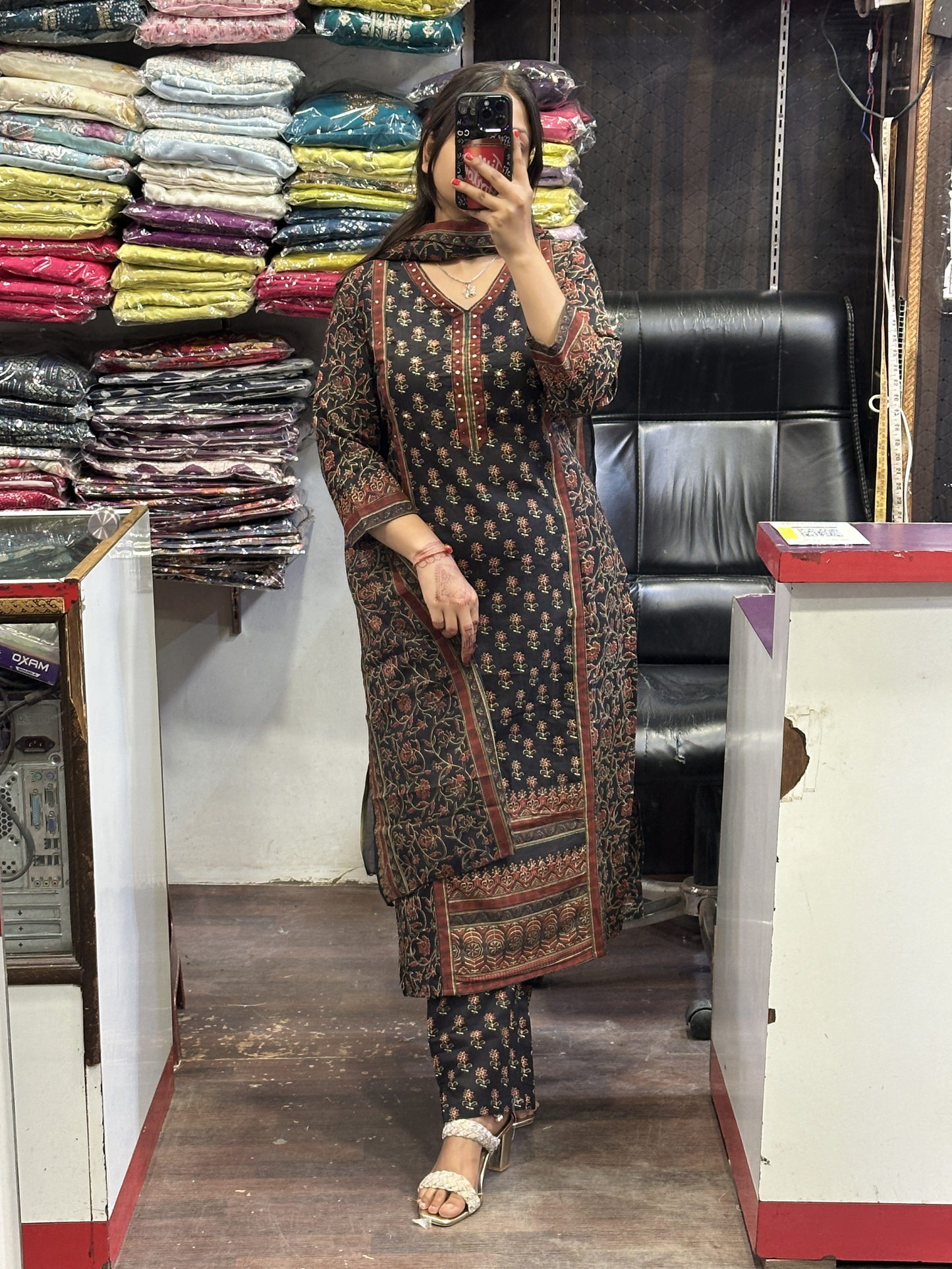 Black Printed Pure Cotton V Neck office Wear Suit with Pant and Cotton Dupatta