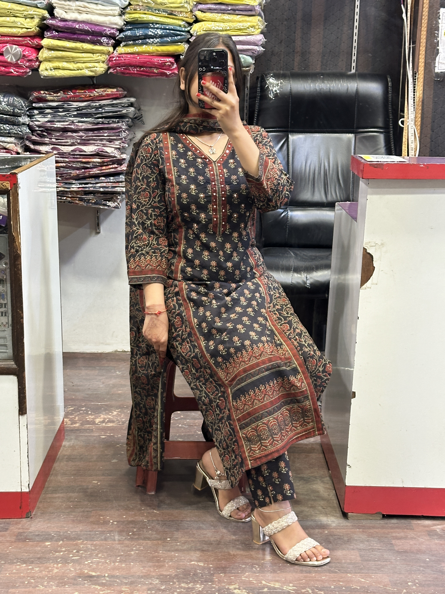Black Printed Pure Cotton V Neck office Wear Suit with Pant and Cotton Dupatta