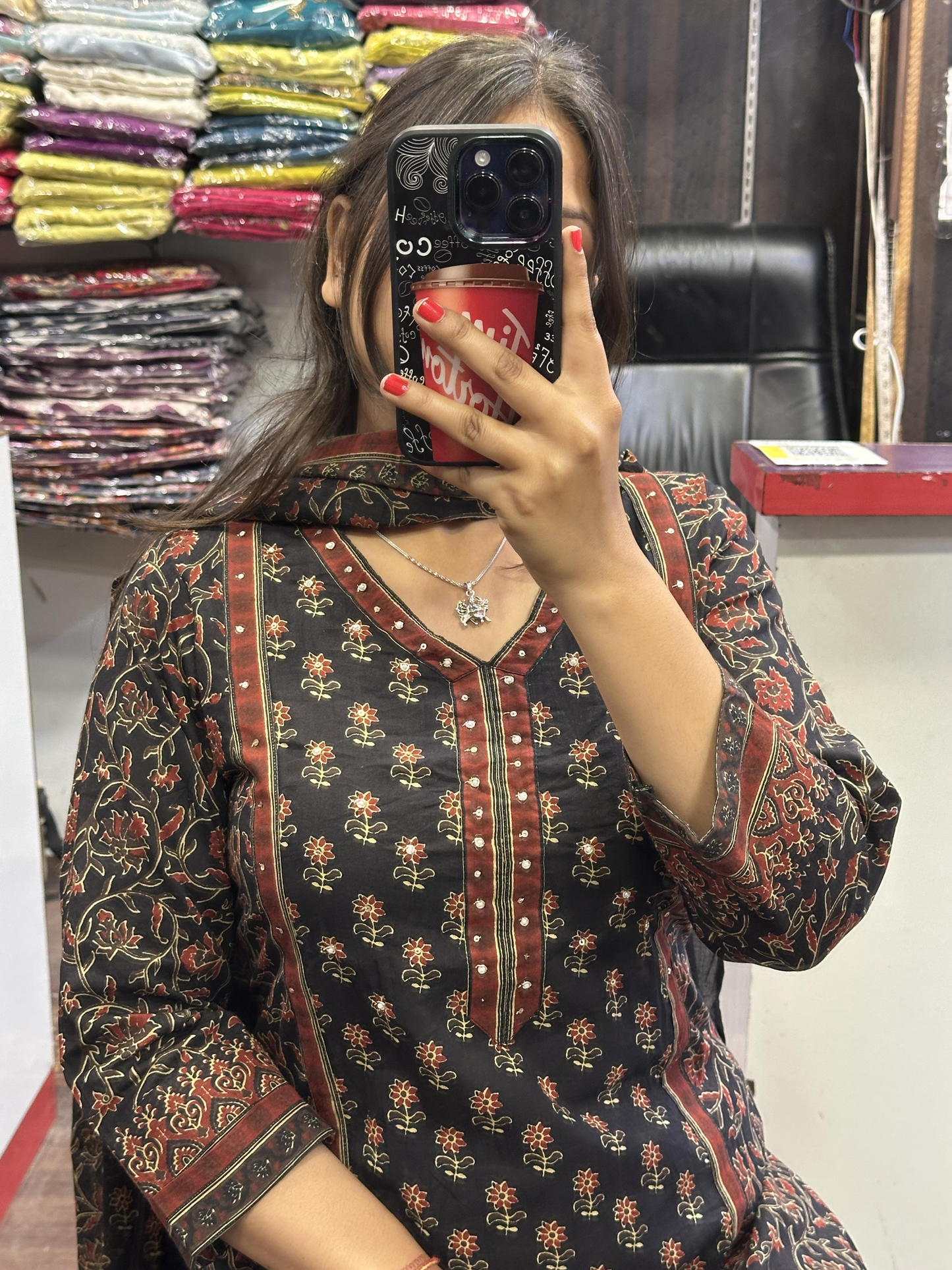 Black Printed Pure Cotton V Neck office Wear Suit with Pant and Cotton Dupatta