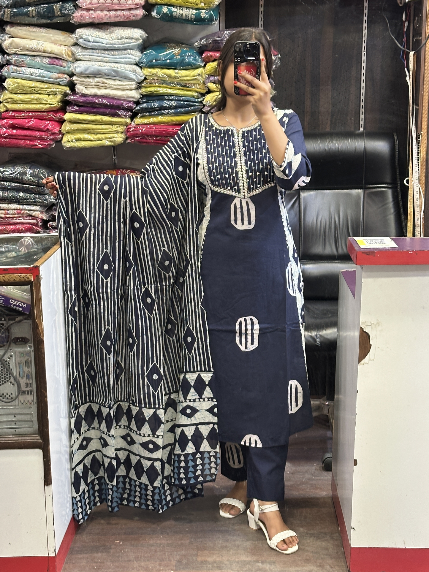 Blue Pure Cotton A-Line office Wear Suit with Pant and Cotton Dupatta
