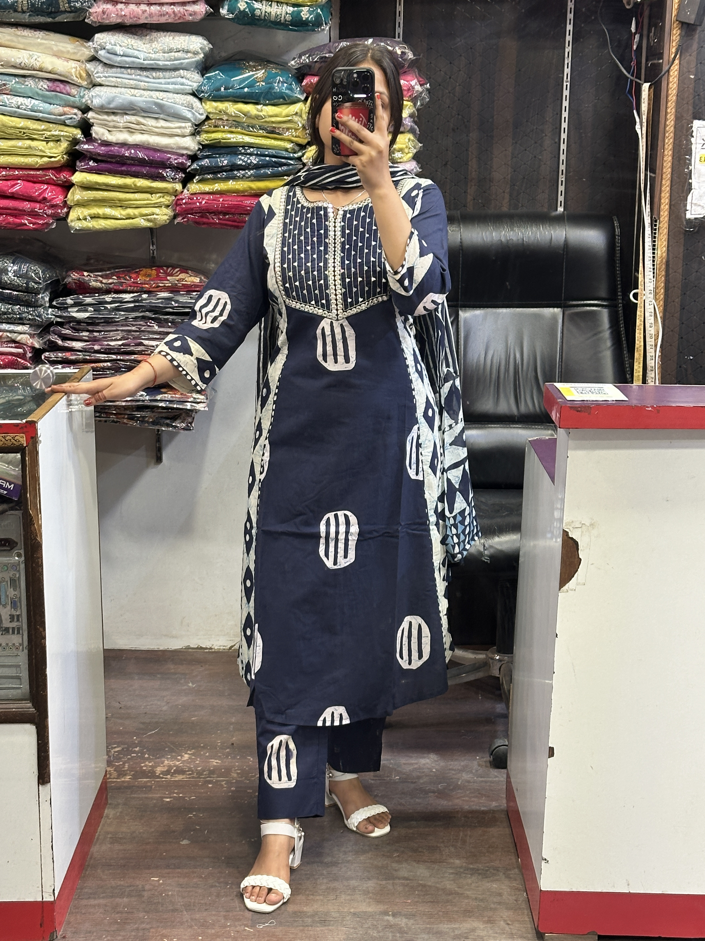 Blue Pure Cotton A-Line office Wear Suit with Pant and Cotton Dupatta