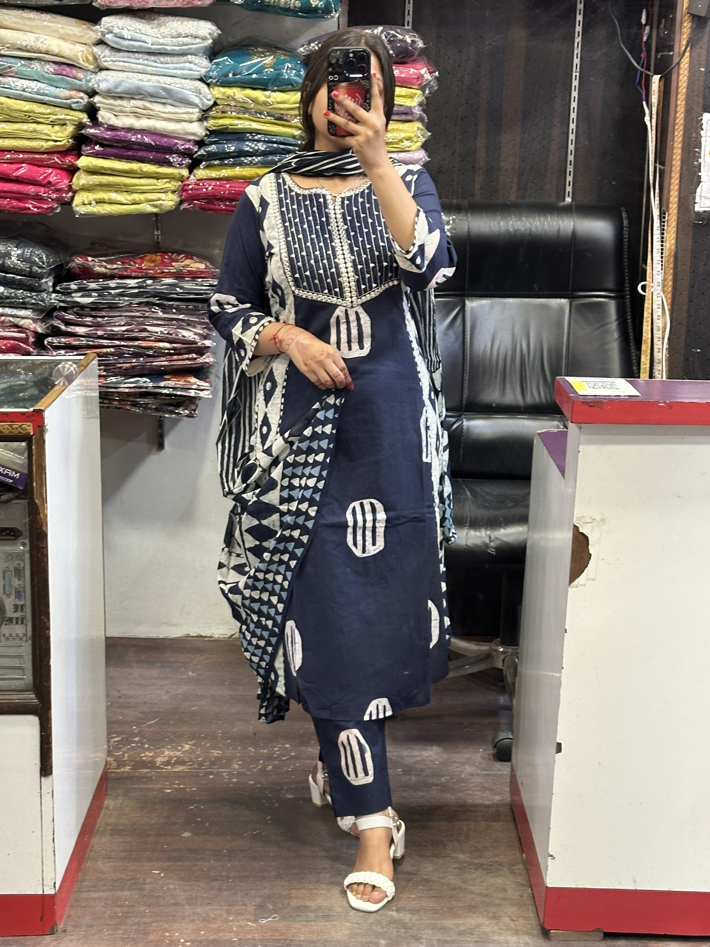 Blue Pure Cotton A-Line office Wear Suit with Pant and Cotton Dupatta