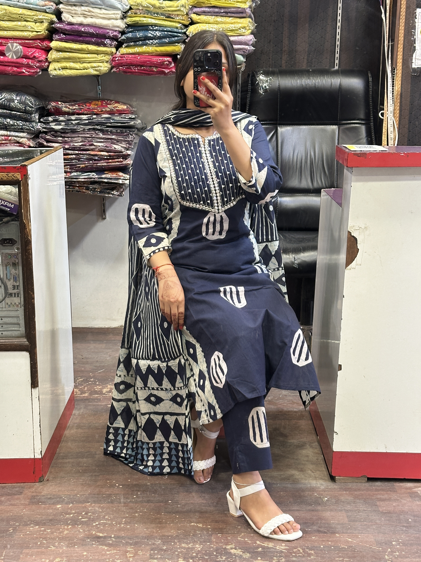 Blue Pure Cotton A-Line office Wear Suit with Pant and Cotton Dupatta