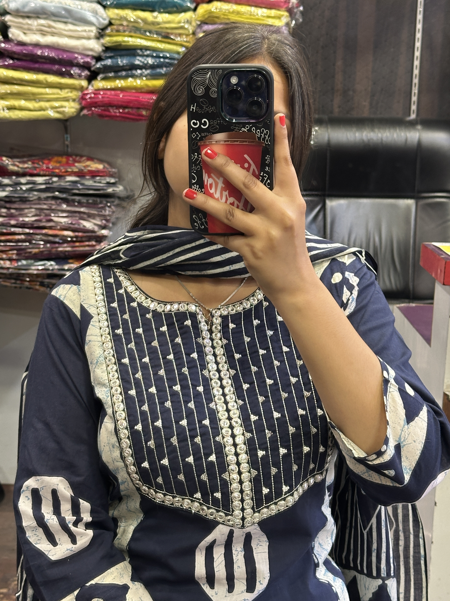 Blue Pure Cotton A-Line office Wear Suit with Pant and Cotton Dupatta