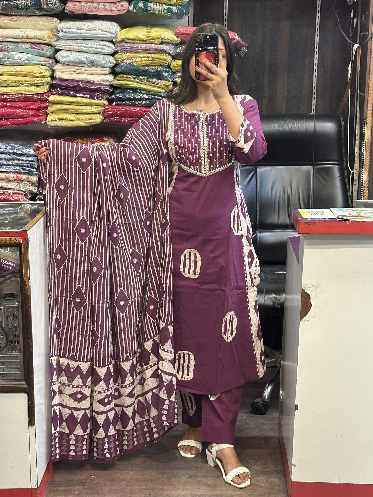 Purple Pure Cotton A-Line office Wear Suit with Pant and Cotton Dupatta