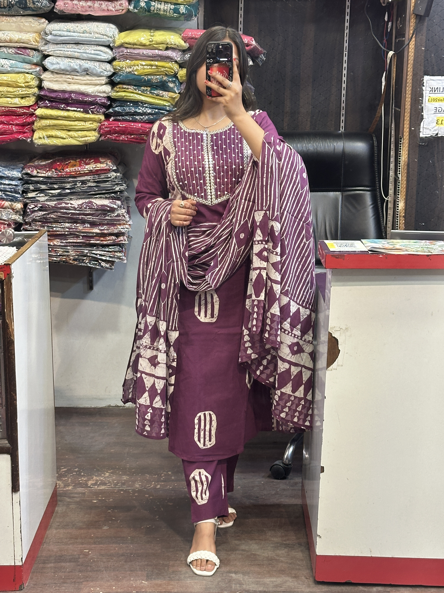 Purple Pure Cotton A-Line office Wear Suit with Pant and Cotton Dupatta