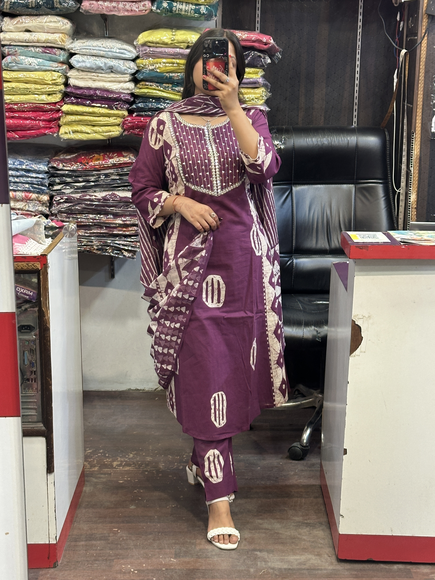 Purple Pure Cotton A-Line office Wear Suit with Pant and Cotton Dupatta