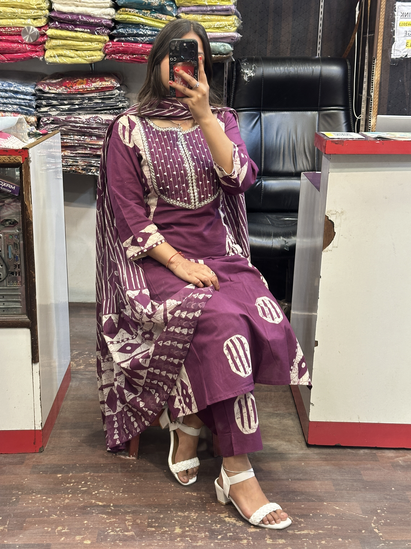 Purple Pure Cotton A-Line office Wear Suit with Pant and Cotton Dupatta