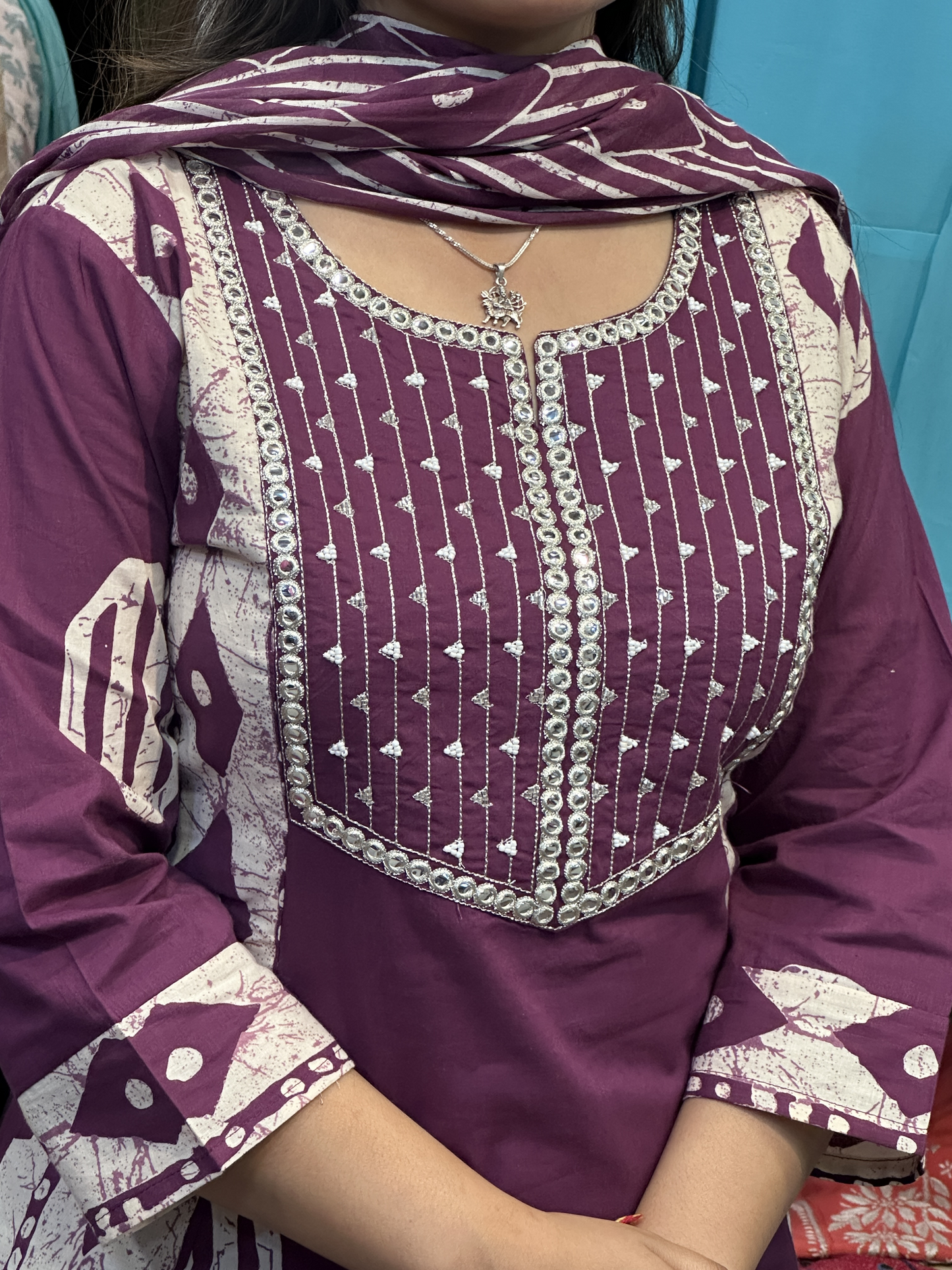 Purple Pure Cotton A-Line office Wear Suit with Pant and Cotton Dupatta