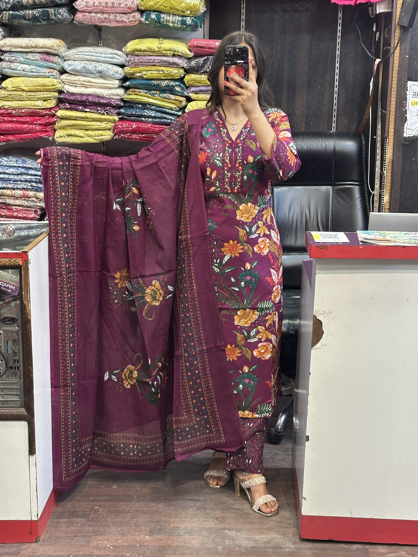 Purple Floral Pure Cotton V Neck Embroidered office Wear Suit with Pant and Cotton Dupatta