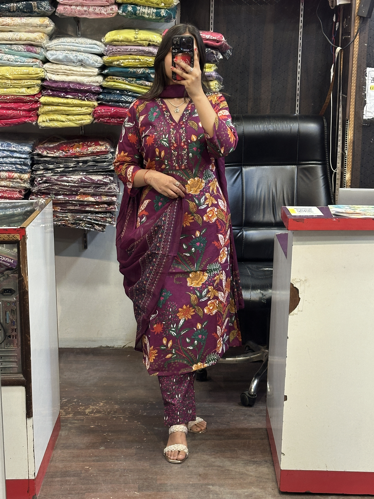 Purple Floral Pure Cotton V Neck Embroidered office Wear Suit with Pant and Cotton Dupatta