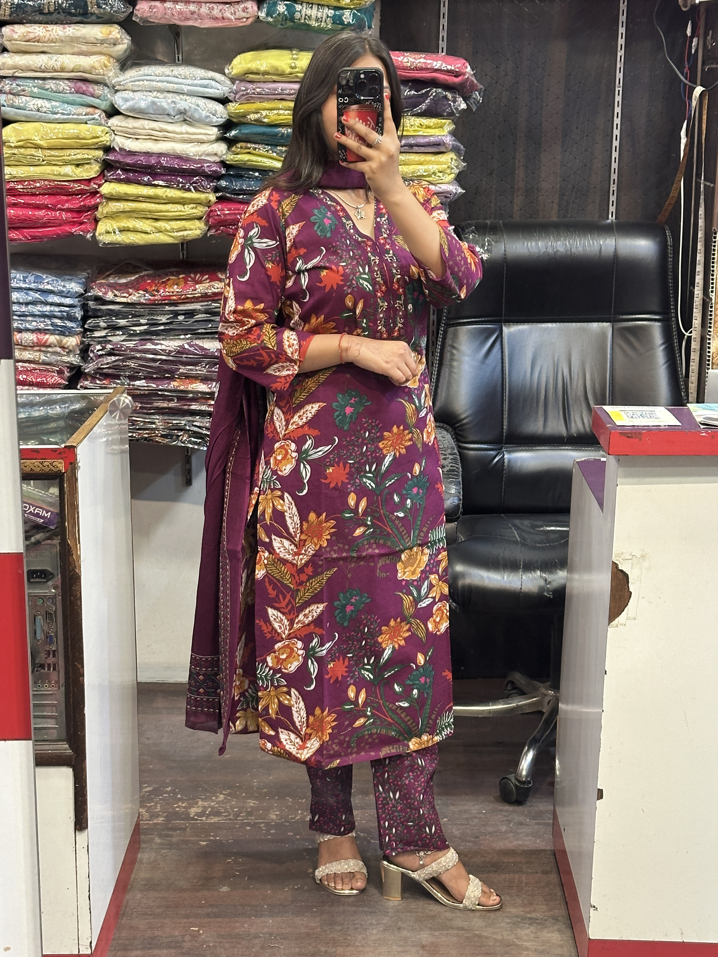 Purple Floral Pure Cotton V Neck Embroidered office Wear Suit with Pant and Cotton Dupatta