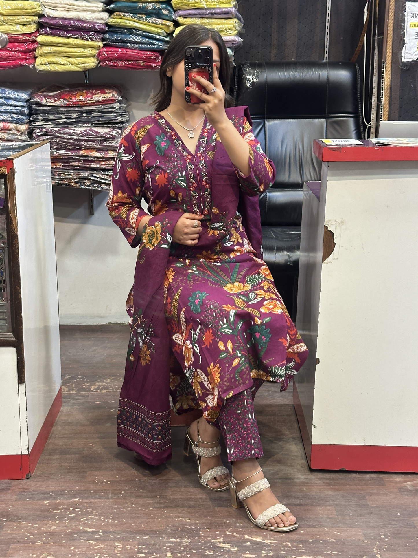 Purple Floral Pure Cotton V Neck Embroidered office Wear Suit with Pant and Cotton Dupatta