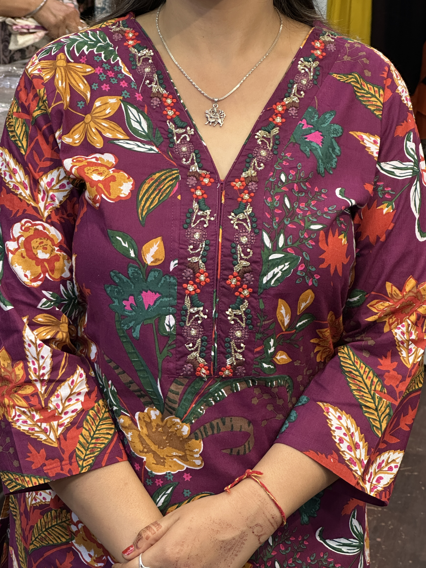Purple Floral Pure Cotton V Neck Embroidered office Wear Suit with Pant and Cotton Dupatta