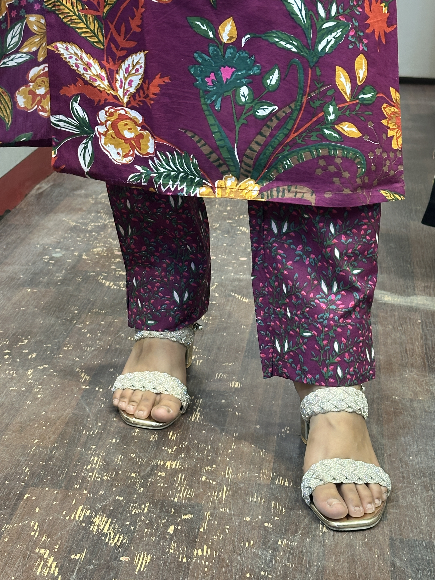 Purple Floral Pure Cotton V Neck Embroidered office Wear Suit with Pant and Cotton Dupatta