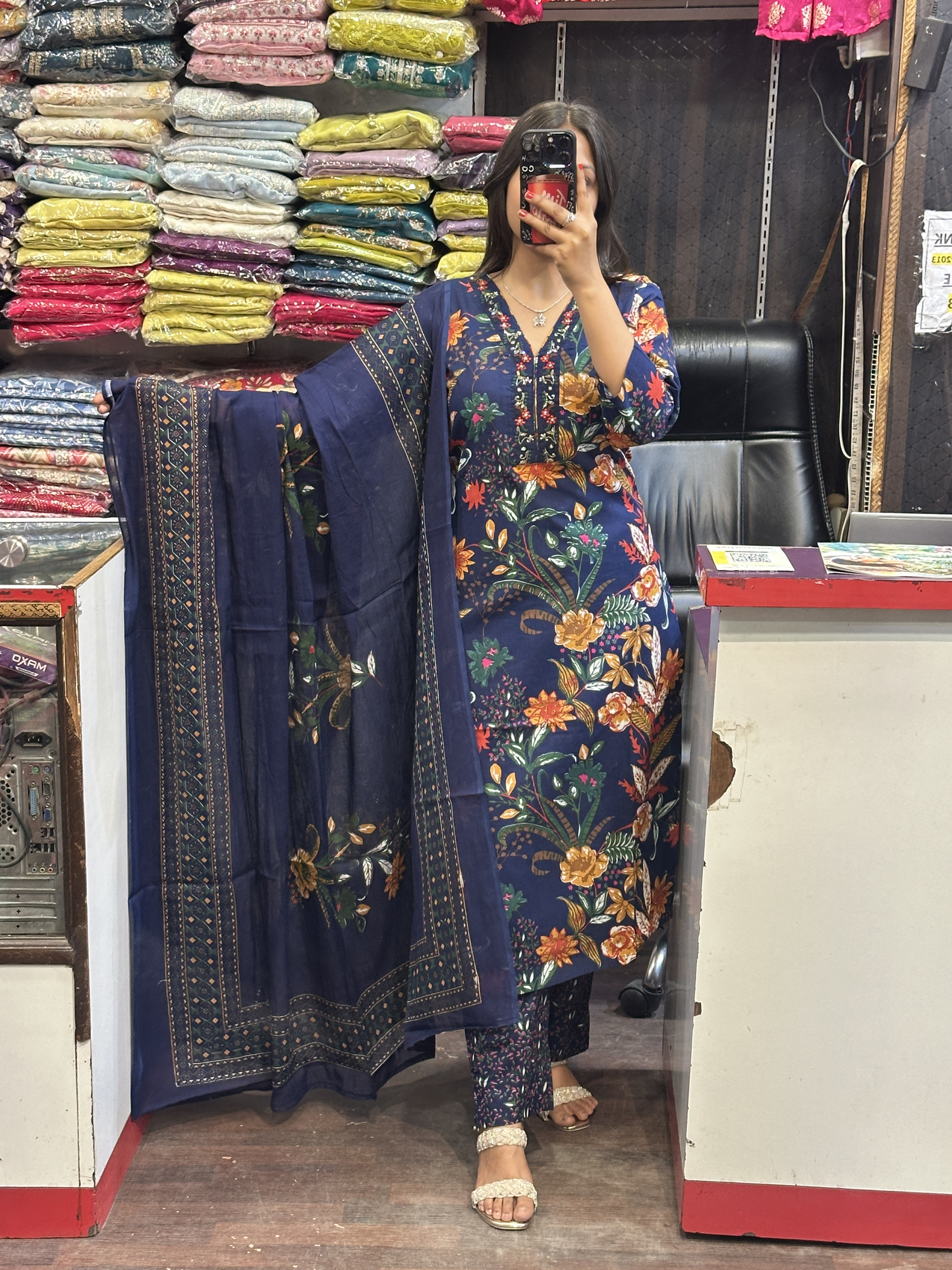 Dark Blue Floral Pure Cotton V Neck Embroidered office Wear Suit with Pant and Cotton Dupatta