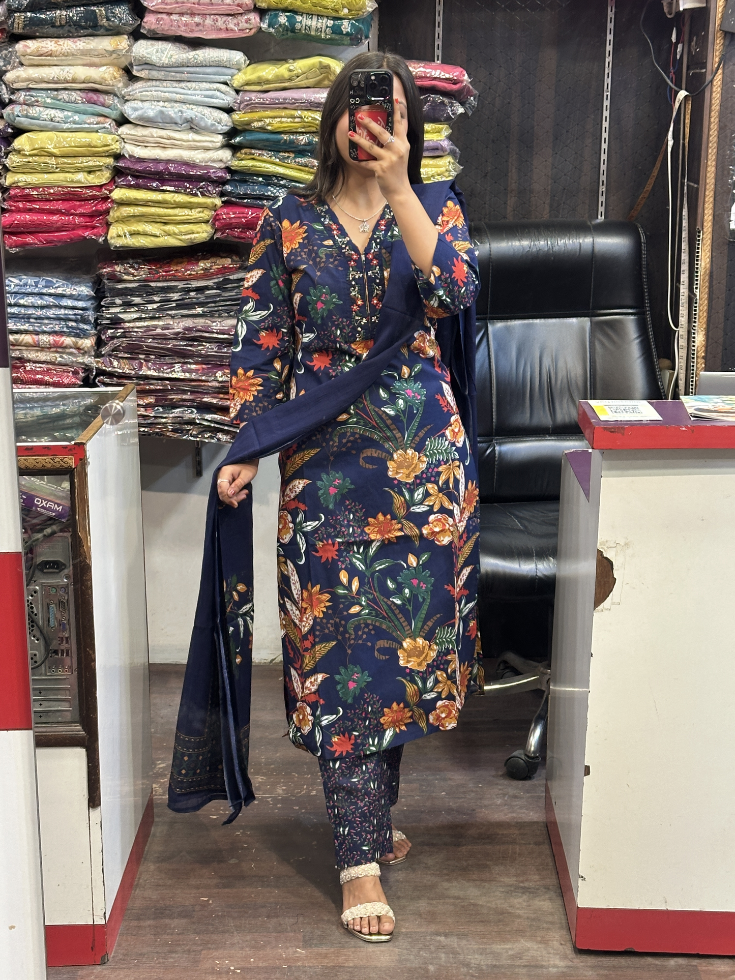 Dark Blue Floral Pure Cotton V Neck Embroidered office Wear Suit with Pant and Cotton Dupatta