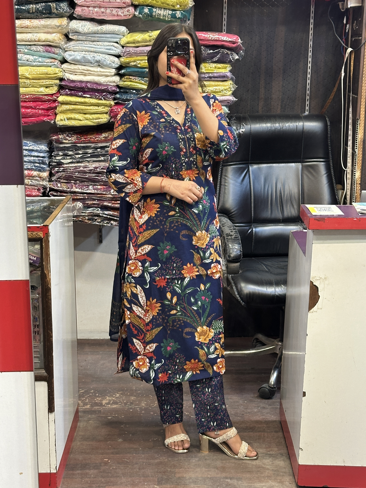 Dark Blue Floral Pure Cotton V Neck Embroidered office Wear Suit with Pant and Cotton Dupatta