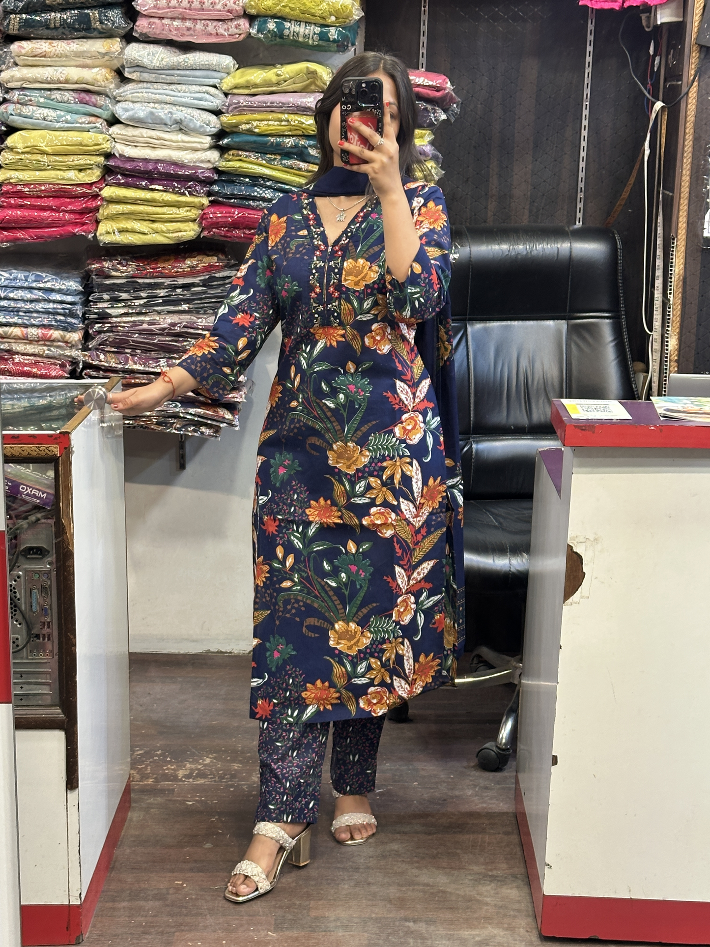 Dark Blue Floral Pure Cotton V Neck Embroidered office Wear Suit with Pant and Cotton Dupatta