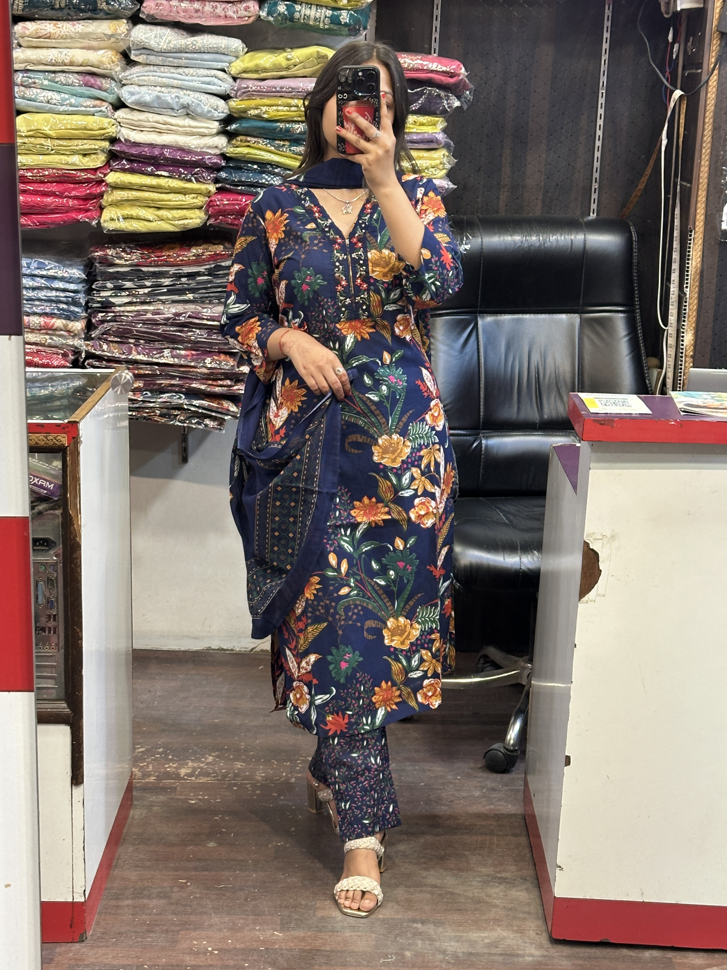 Dark Blue Floral Pure Cotton V Neck Embroidered office Wear Suit with Pant and Cotton Dupatta