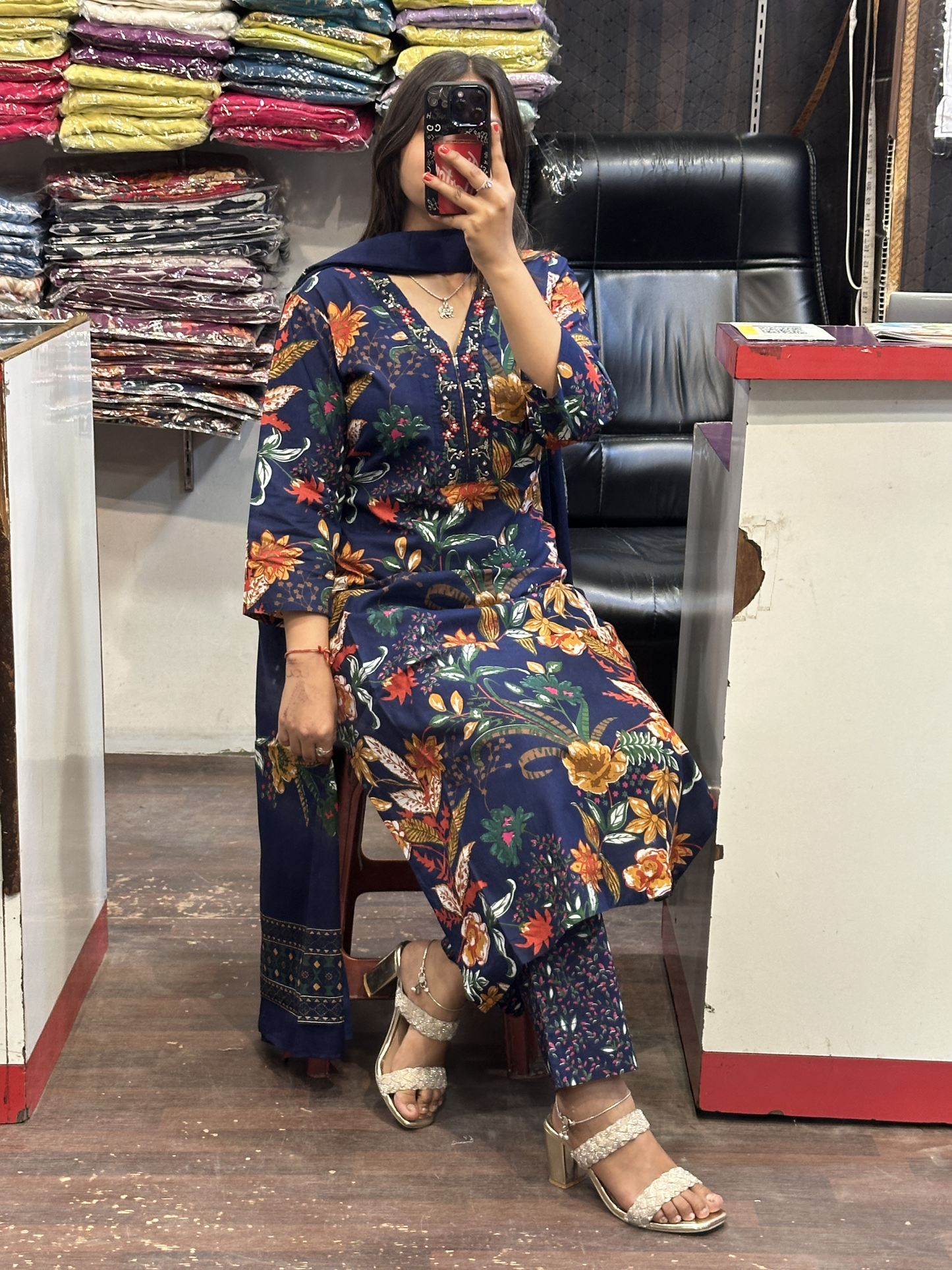 Dark Blue Floral Pure Cotton V Neck Embroidered office Wear Suit with Pant and Cotton Dupatta