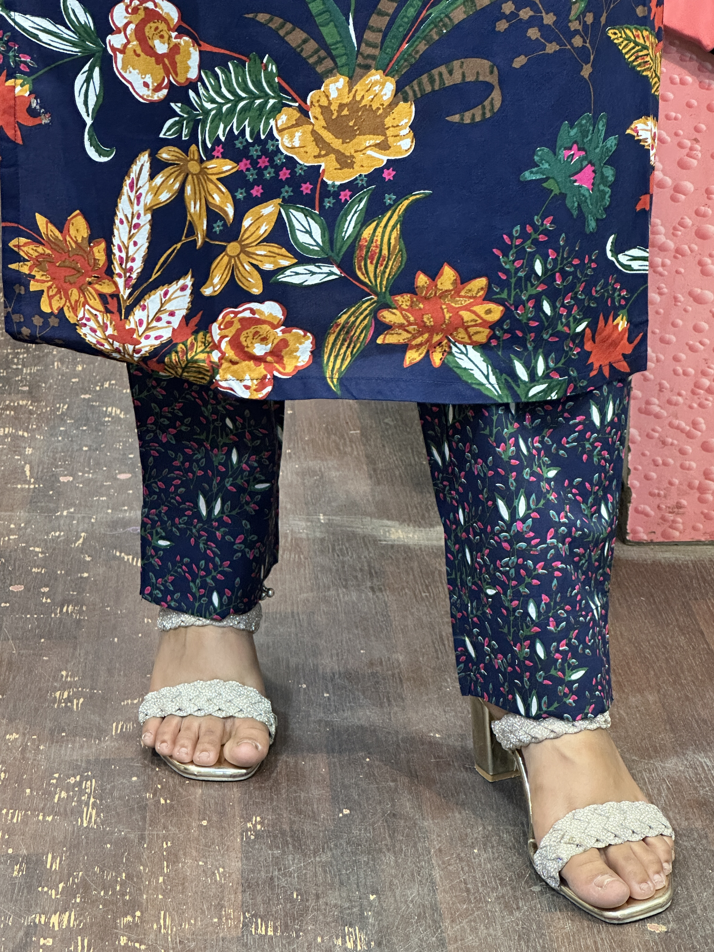 Dark Blue Floral Pure Cotton V Neck Embroidered office Wear Suit with Pant and Cotton Dupatta