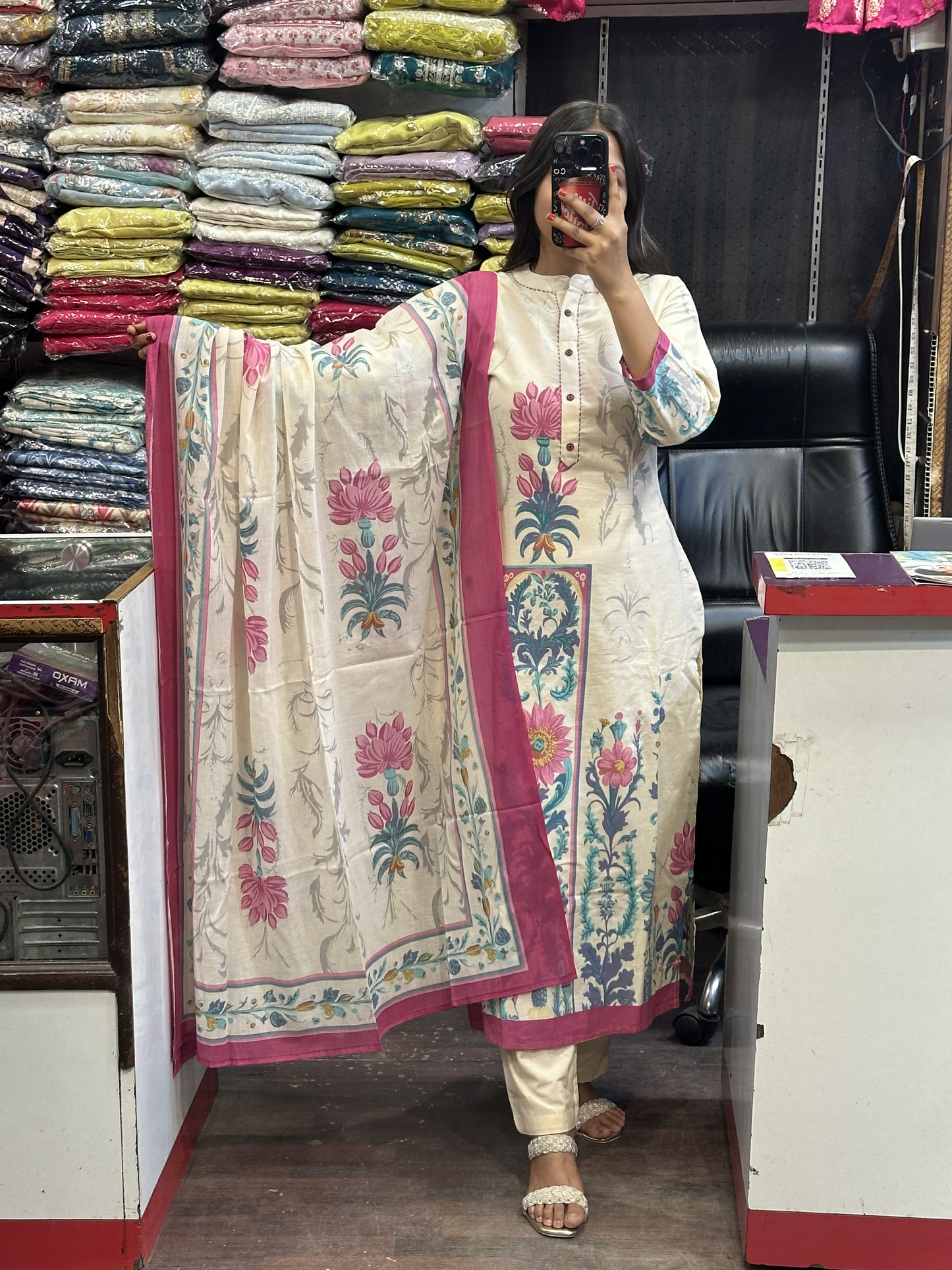 Off white & Pink Soft Khaadi Straight Digital Office Wear Suit with Full Digital Dupatta