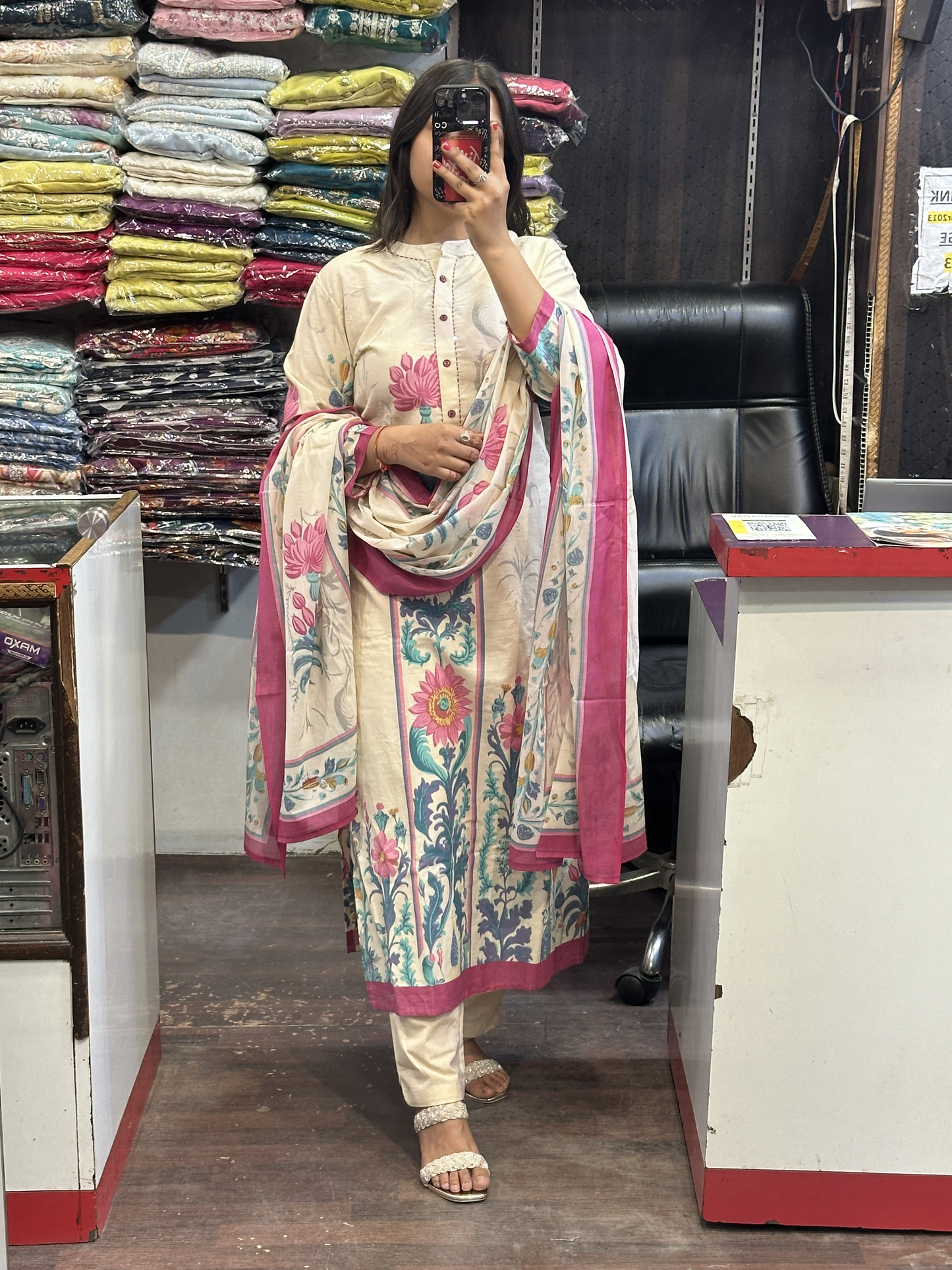 Off white & Pink Soft Khaadi Straight Digital Office Wear Suit with Full Digital Dupatta