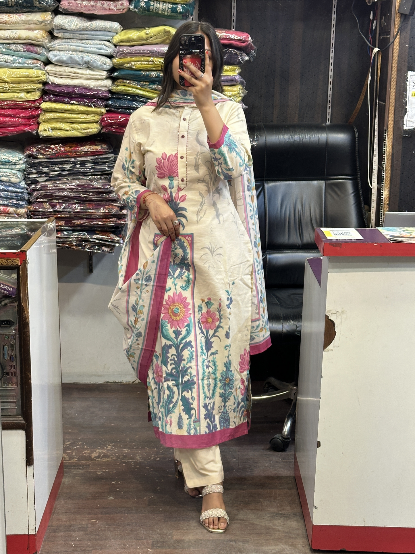 Off white & Pink Soft Khaadi Straight Digital Office Wear Suit with Full Digital Dupatta