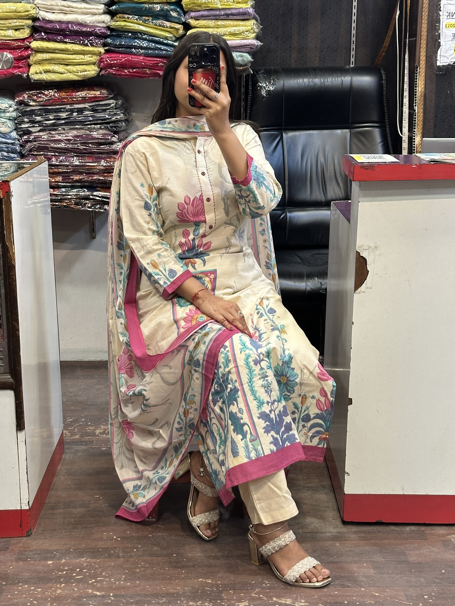 Off white & Pink Soft Khaadi Straight Digital Office Wear Suit with Full Digital Dupatta