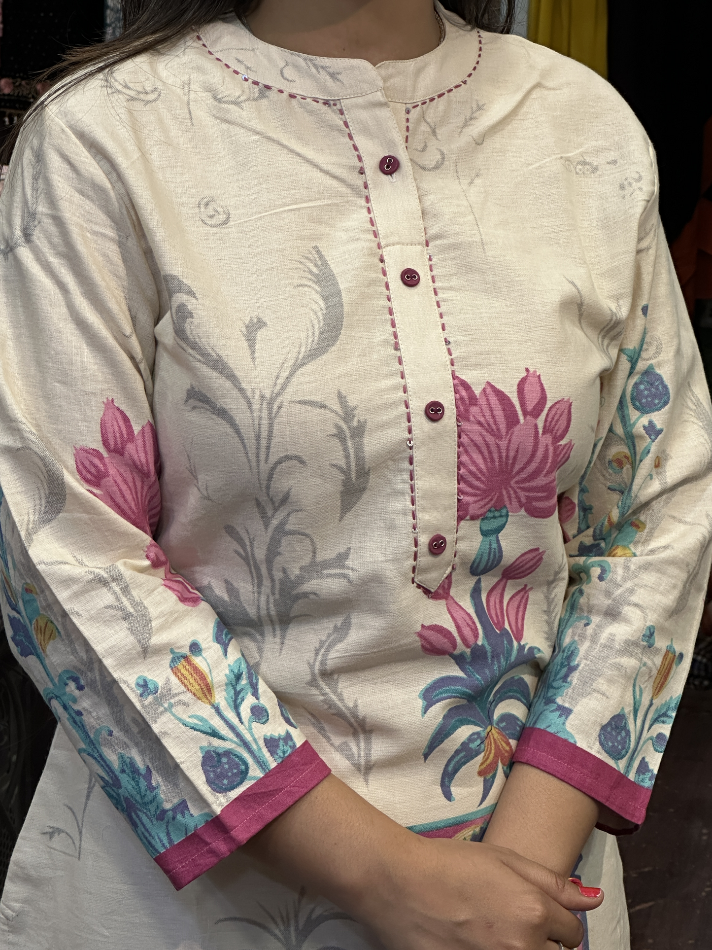 Off white & Pink Soft Khaadi Straight Digital Office Wear Suit with Full Digital Dupatta