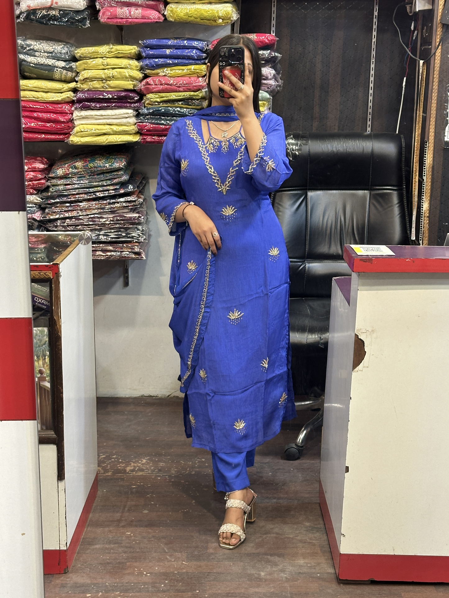 Ink Blue Pure Chinnon Handwork Kurta Pant Suit with lining and Full Chinnon dupatta
