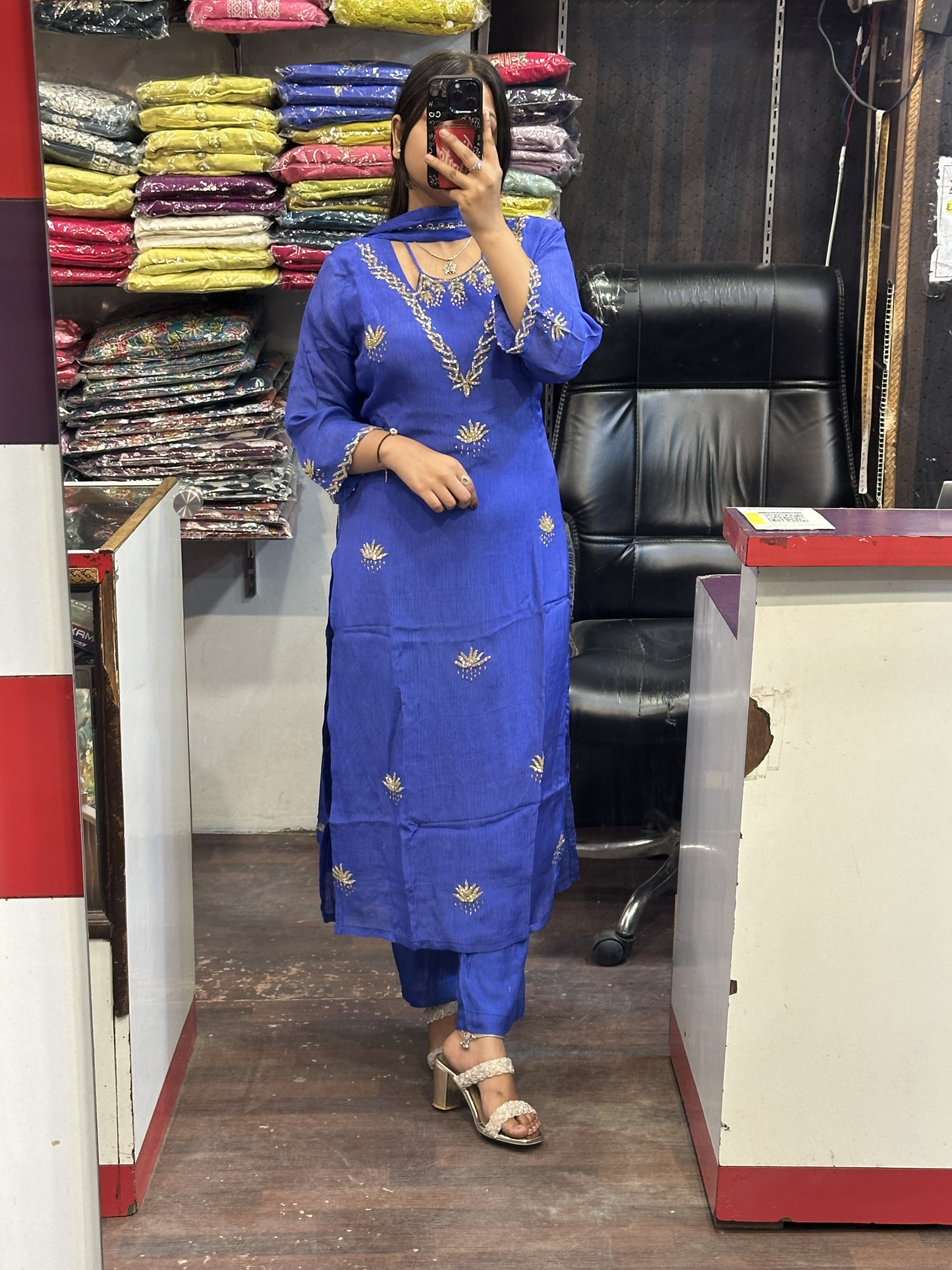 Ink Blue Pure Chinnon Handwork Kurta Pant Suit with lining and Full Chinnon dupatta