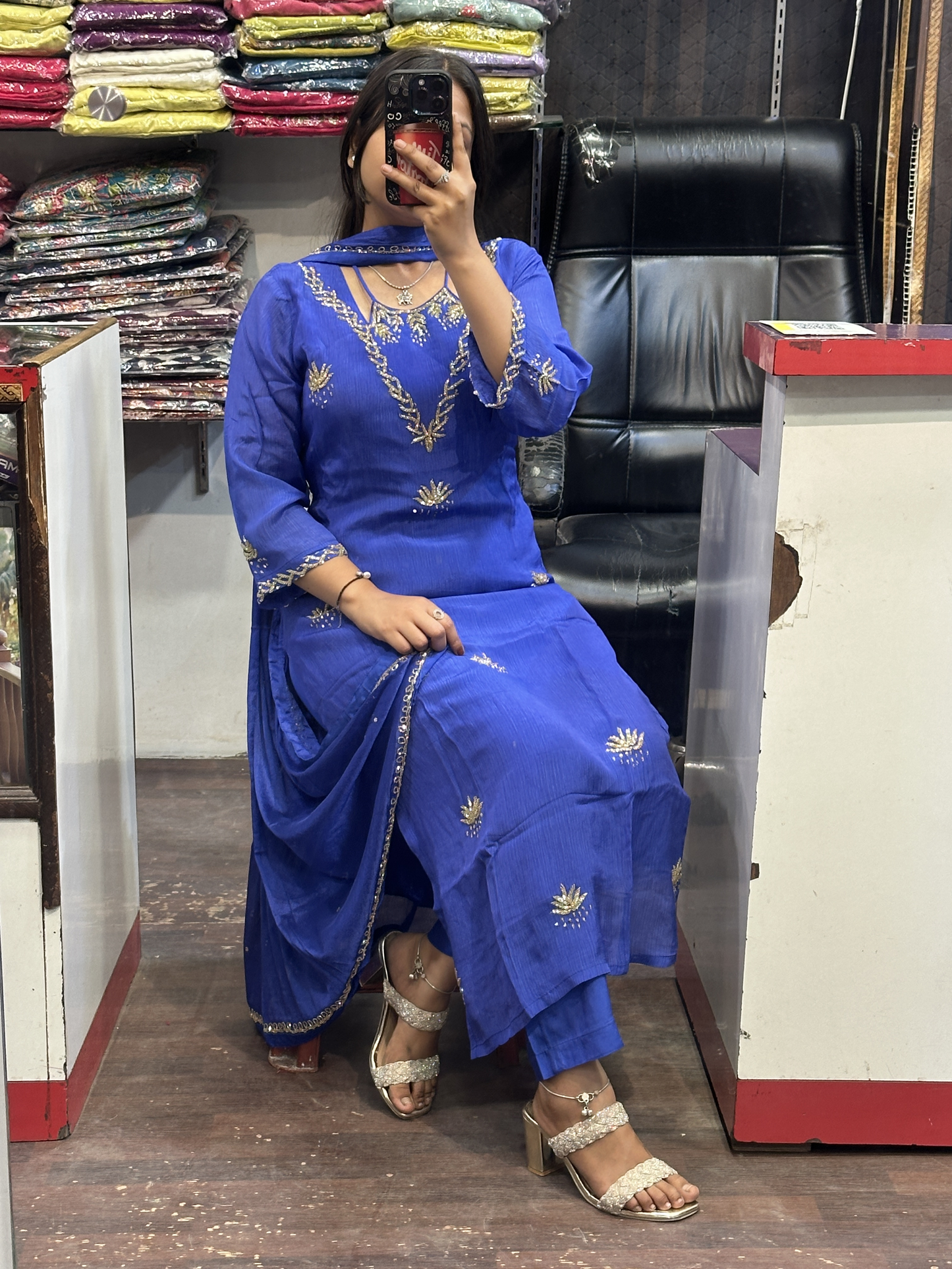 Ink Blue Pure Chinnon Handwork Kurta Pant Suit with lining and Full Chinnon dupatta