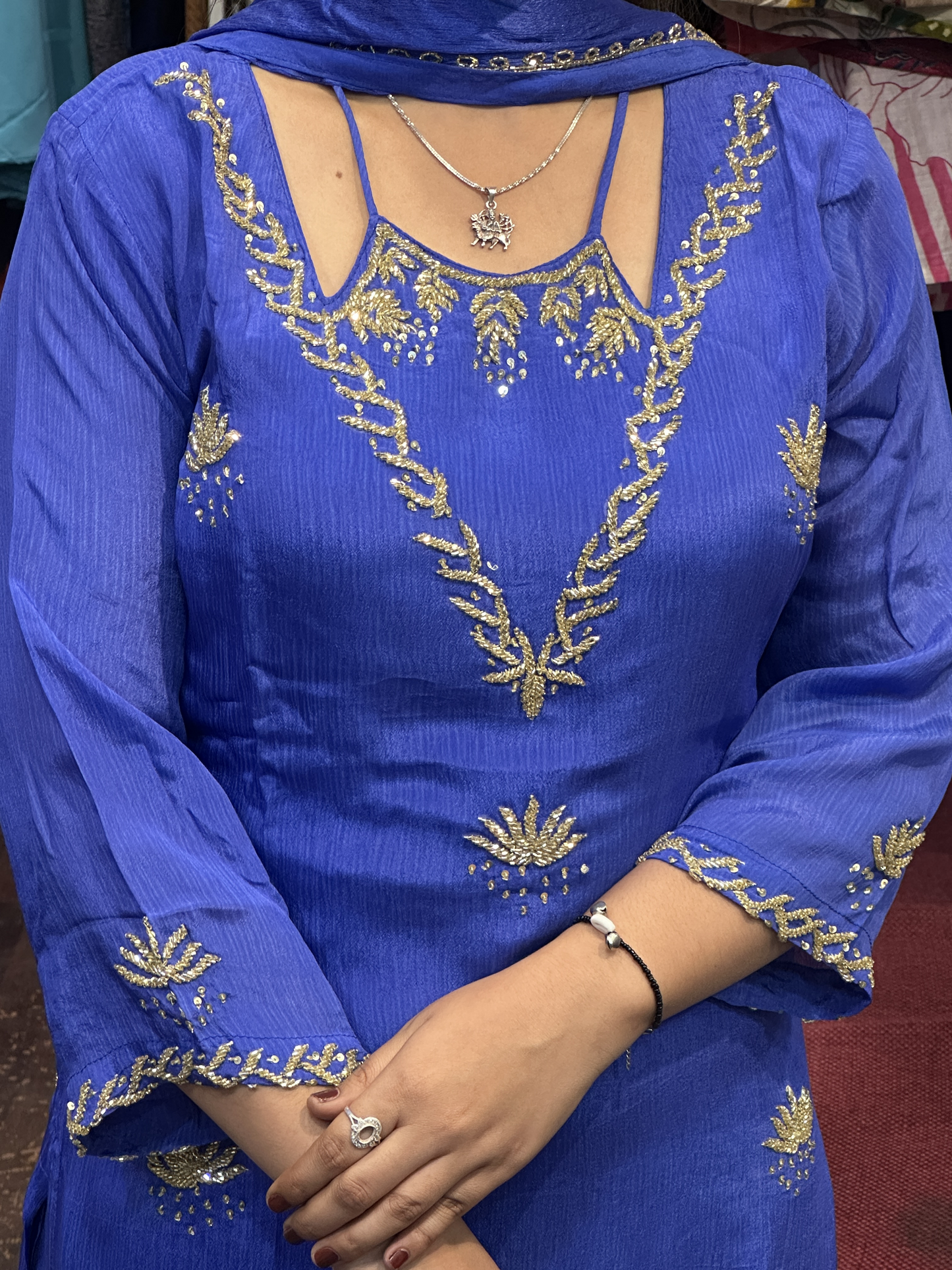 Ink Blue Pure Chinnon Handwork Kurta Pant Suit with lining and Full Chinnon dupatta