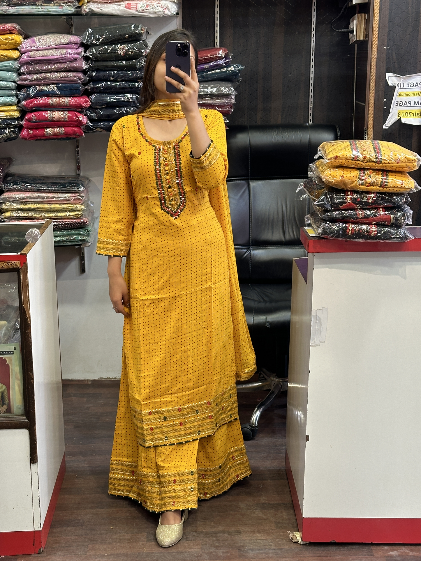 Cotton Mustard Yellow Mirror Work Divider Set Along Side Full Dupatta