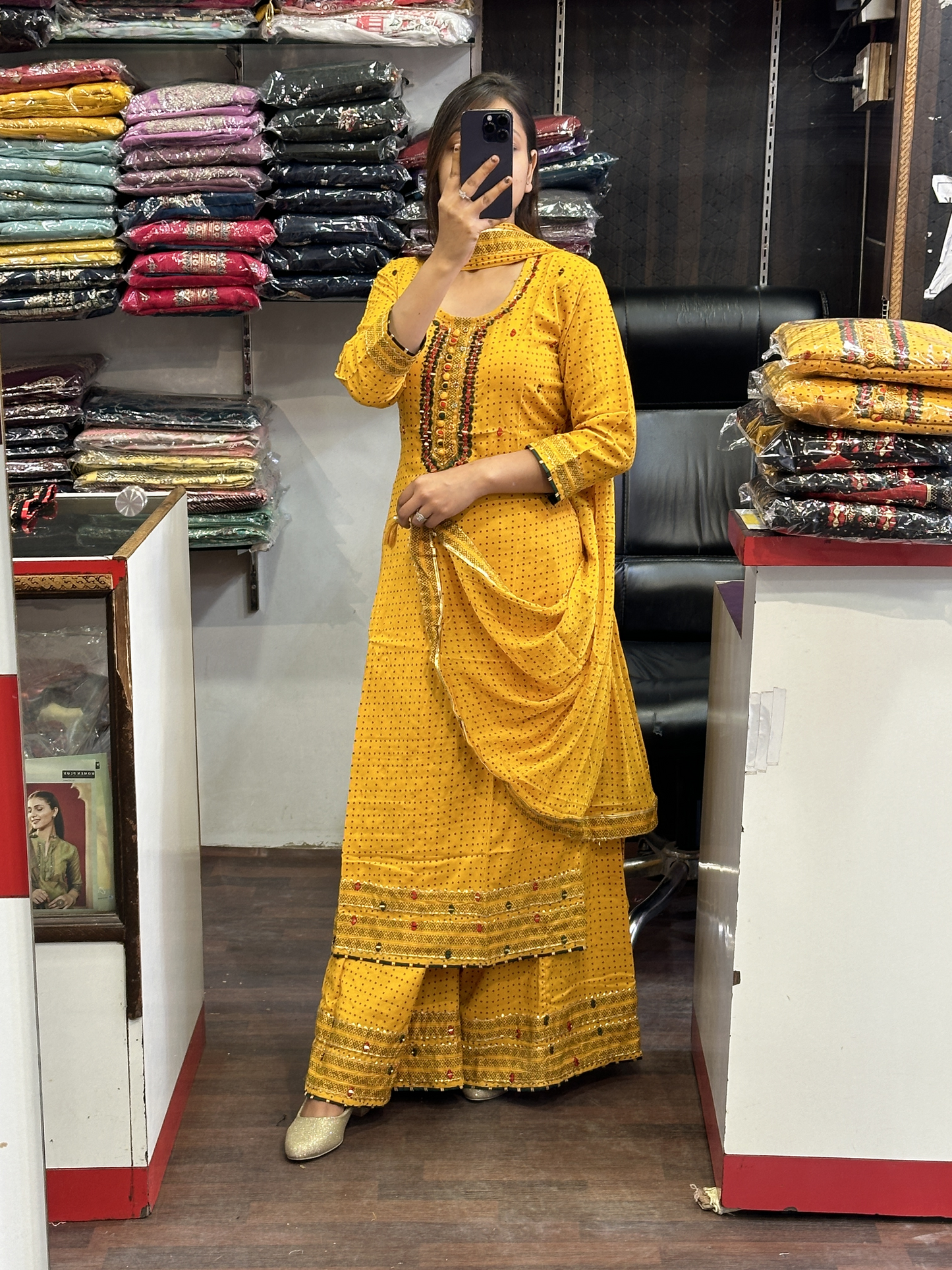 Cotton Mustard Yellow Mirror Work Divider Set Along Side Full Dupatta