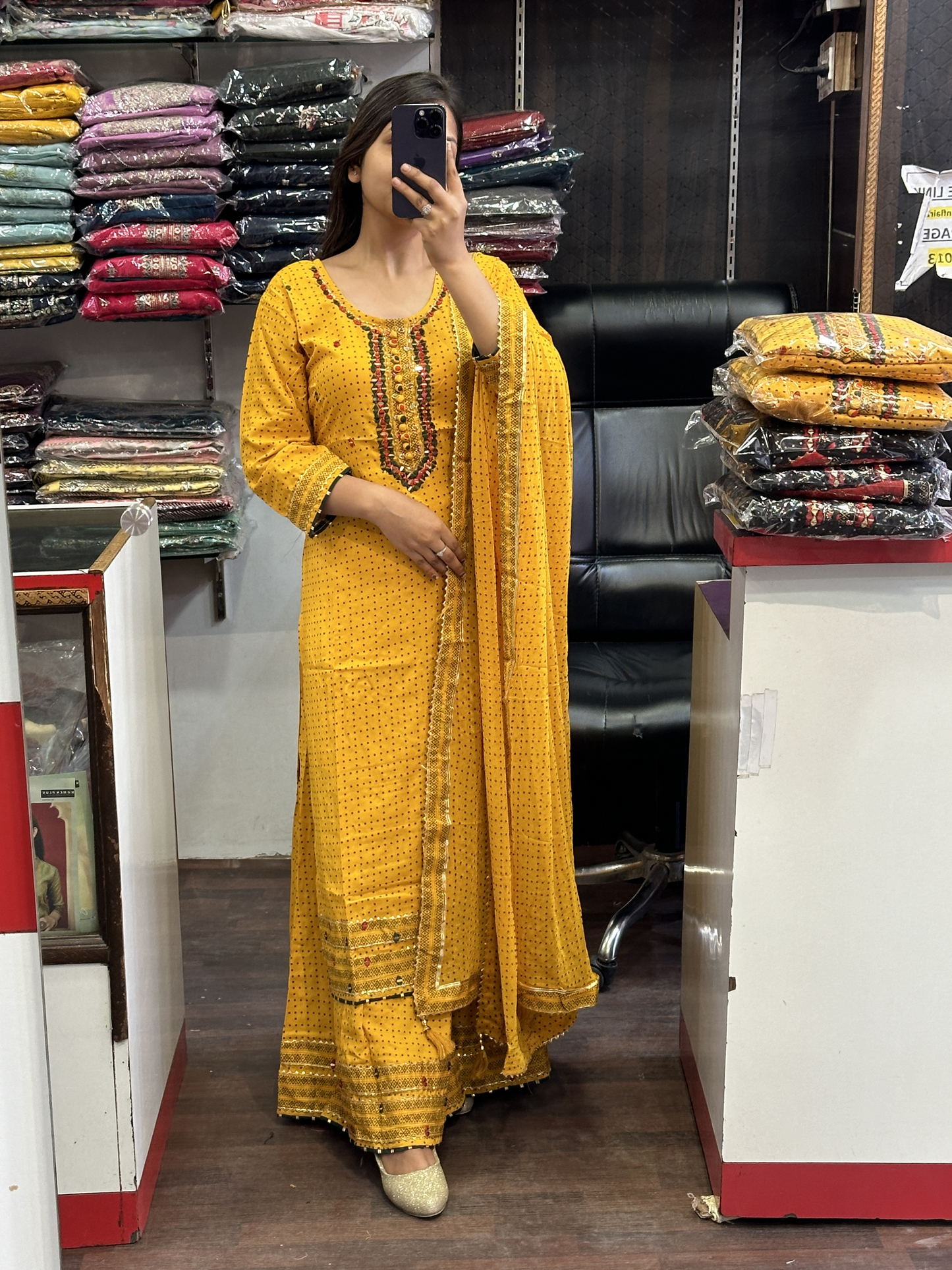 Cotton Mustard Yellow Mirror Work Divider Set Along Side Full Dupatta