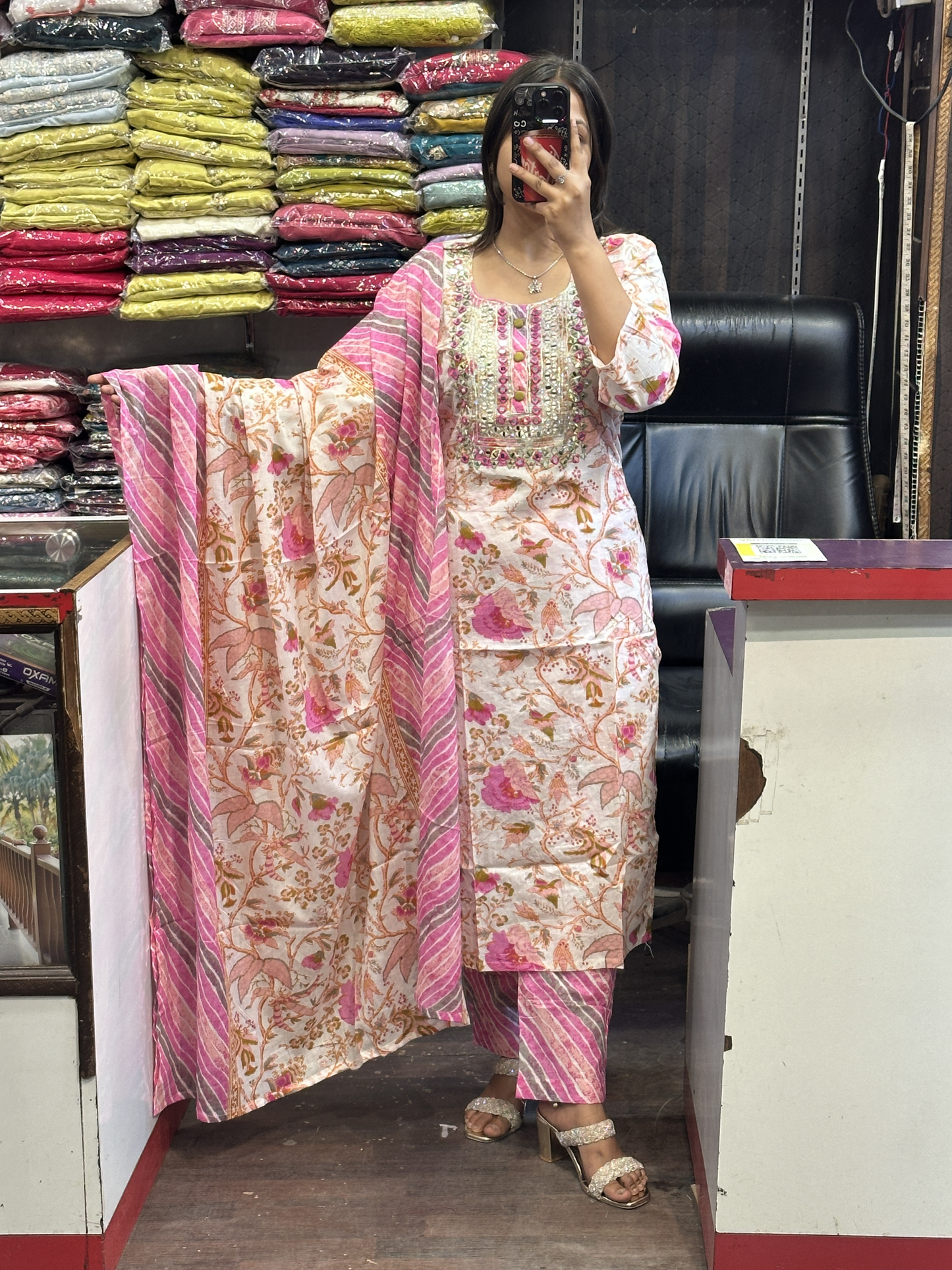 Pure Cotton Pant Suit with Original Mirror Work on Neck with Full Cotton Dupatta