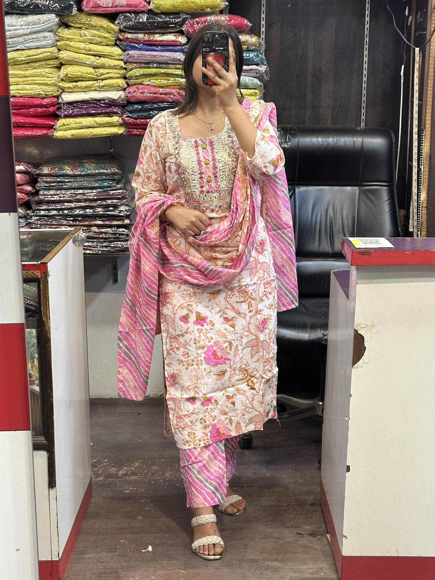 Pure Cotton Pant Suit with Original Mirror Work on Neck with Full Cotton Dupatta