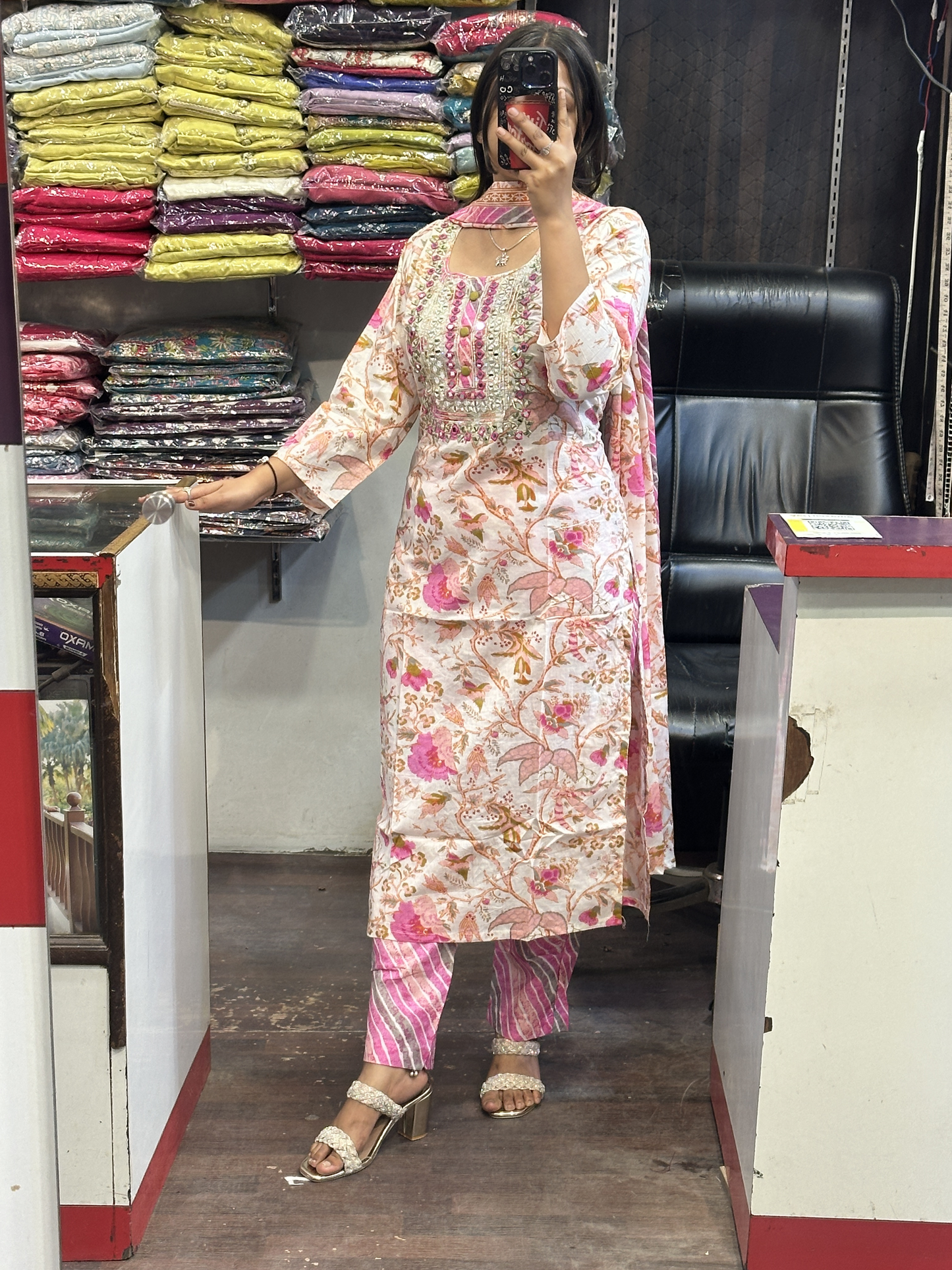 Pure Cotton Pant Suit with Original Mirror Work on Neck with Full Cotton Dupatta