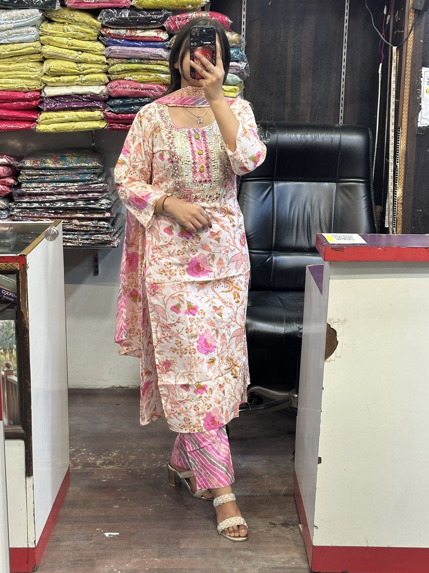 Pure Cotton Pant Suit with Original Mirror Work on Neck with Full Cotton Dupatta