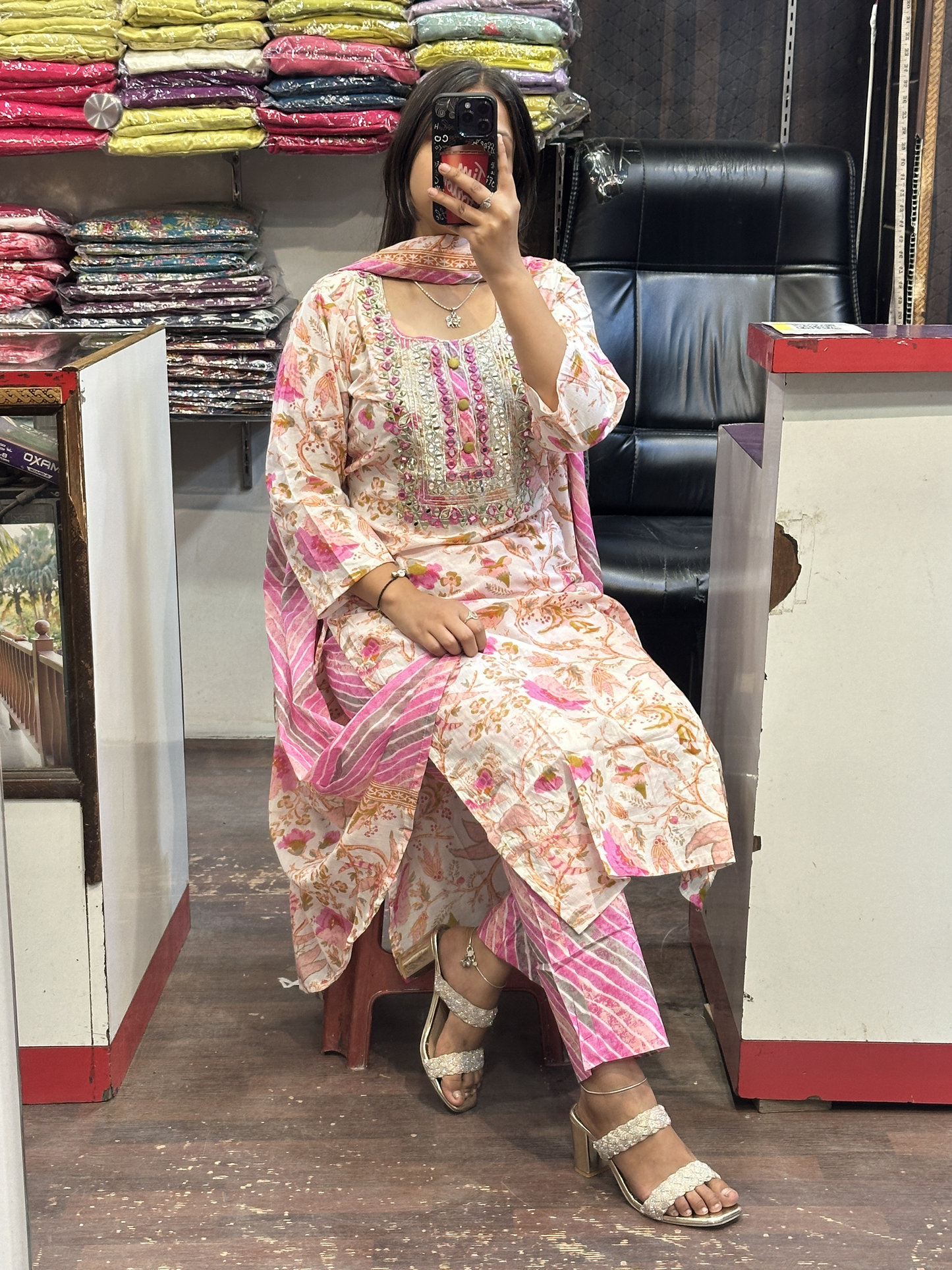 Pure Cotton Pant Suit with Original Mirror Work on Neck with Full Cotton Dupatta