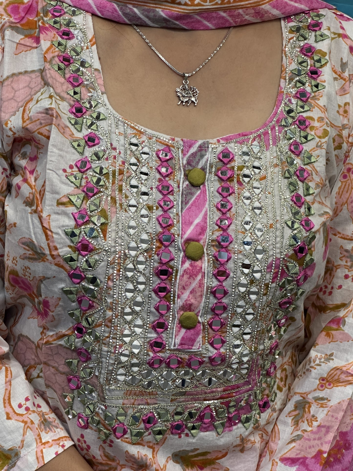 Pure Cotton Pant Suit with Original Mirror Work on Neck with Full Cotton Dupatta